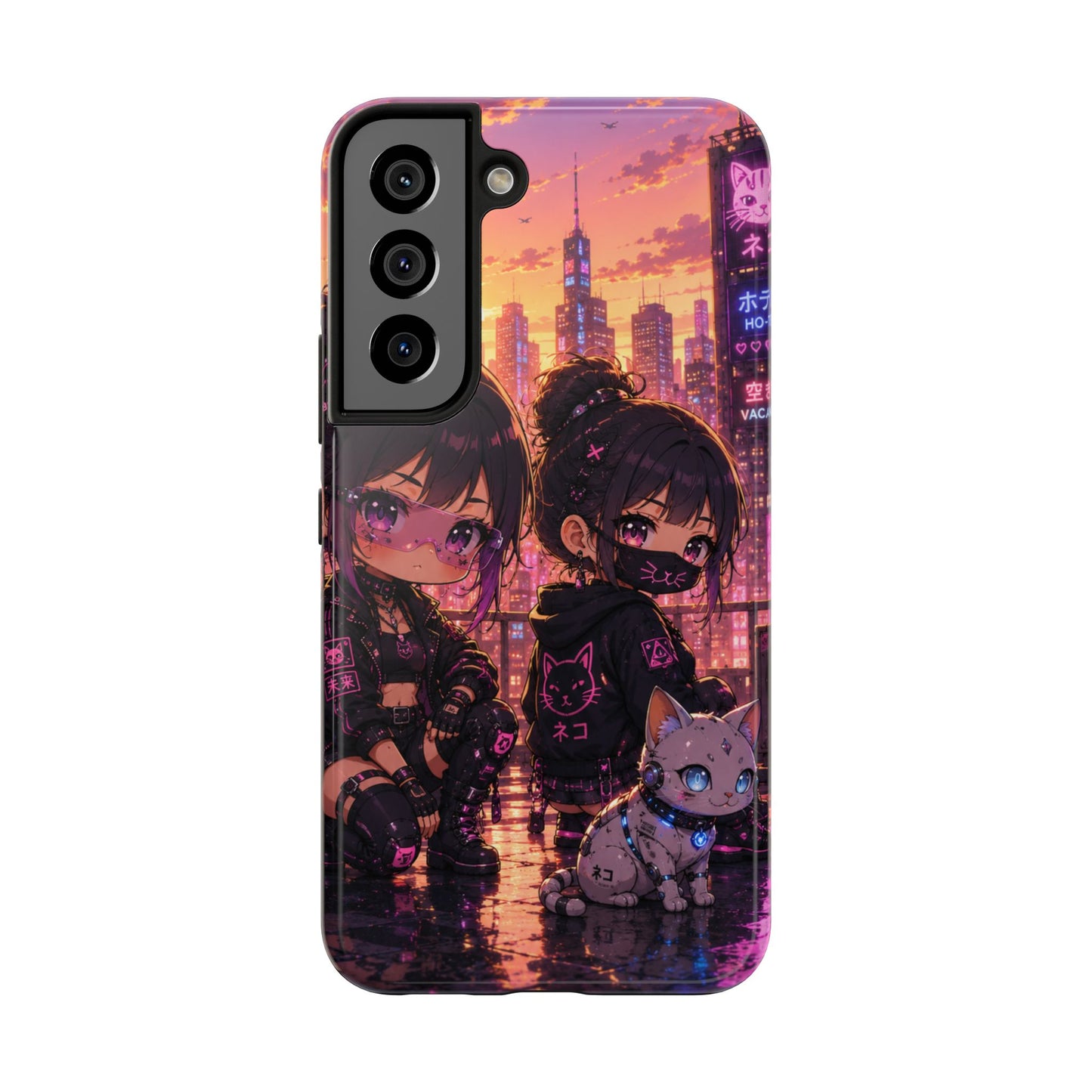 Anime City Night Tough Phone Case — Kawaii Cyberpunk Characters & Cat