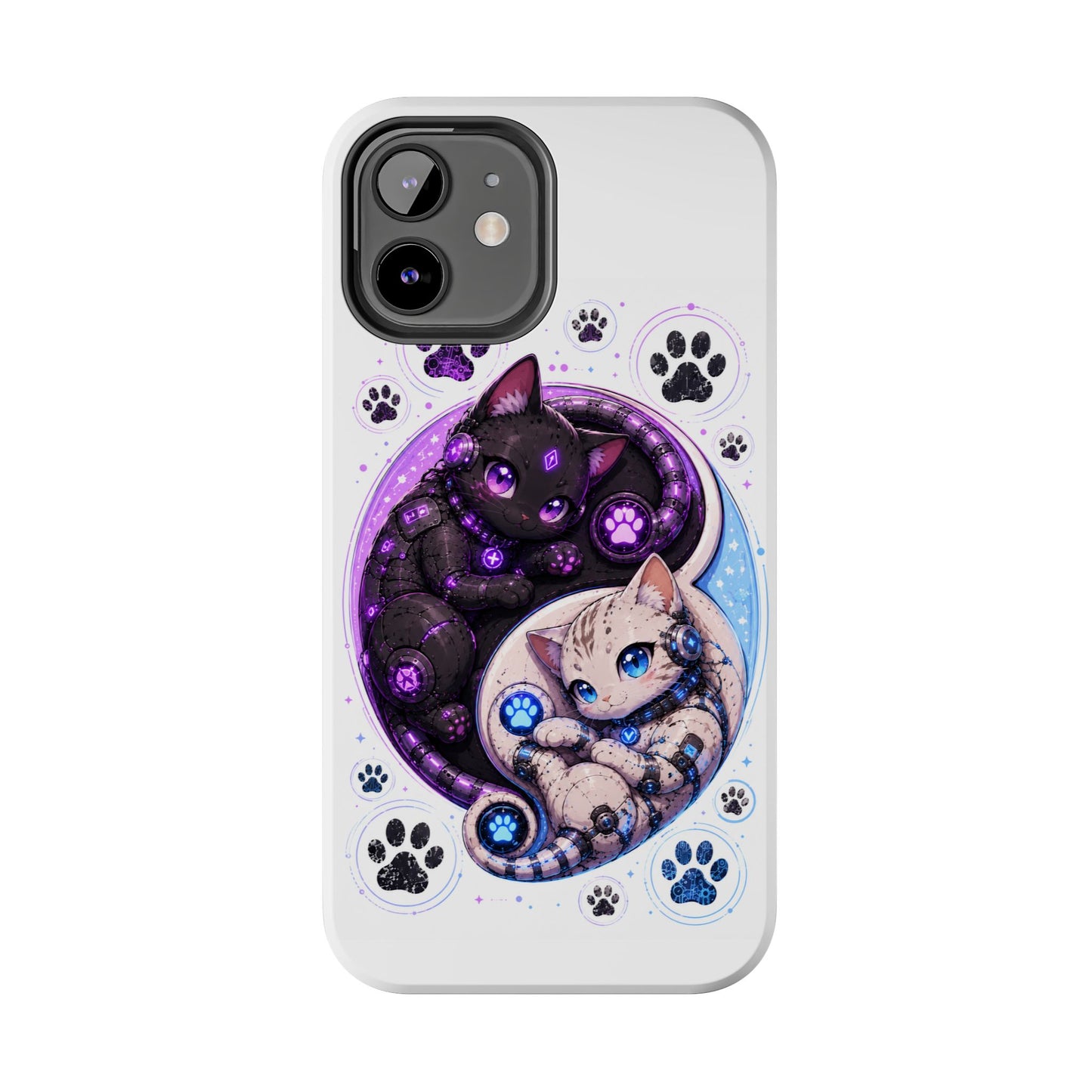 Cat Yin Yang Tough Phone Case — Black & White Kittens, Paw Print Protective Cover
