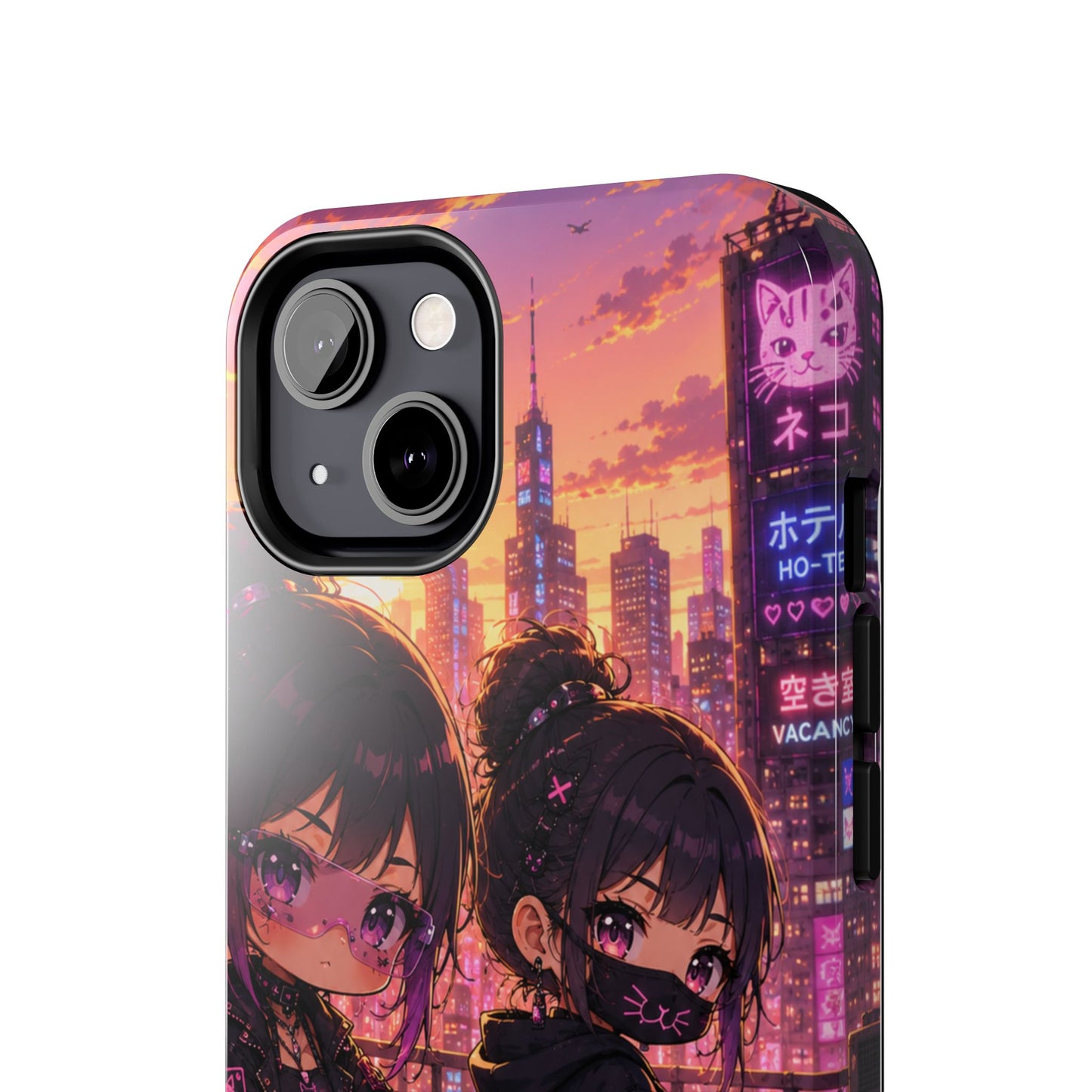 Anime City Night Tough Phone Case — Kawaii Cyberpunk Characters & Cat