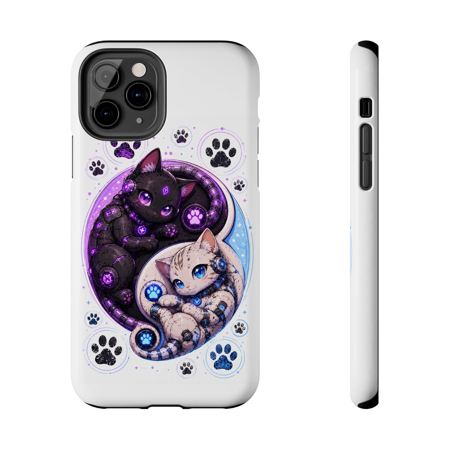 Cat Yin Yang Tough Phone Case — Black & White Kittens, Paw Print Protective Cover