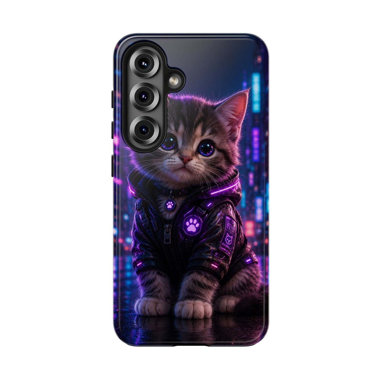 Cyberpunk Kitten Tough Phone Case — Neon Cat Protective Phone Cover