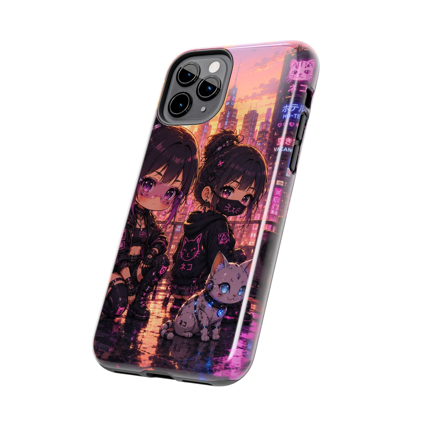 Anime City Night Tough Phone Case — Kawaii Cyberpunk Characters & Cat