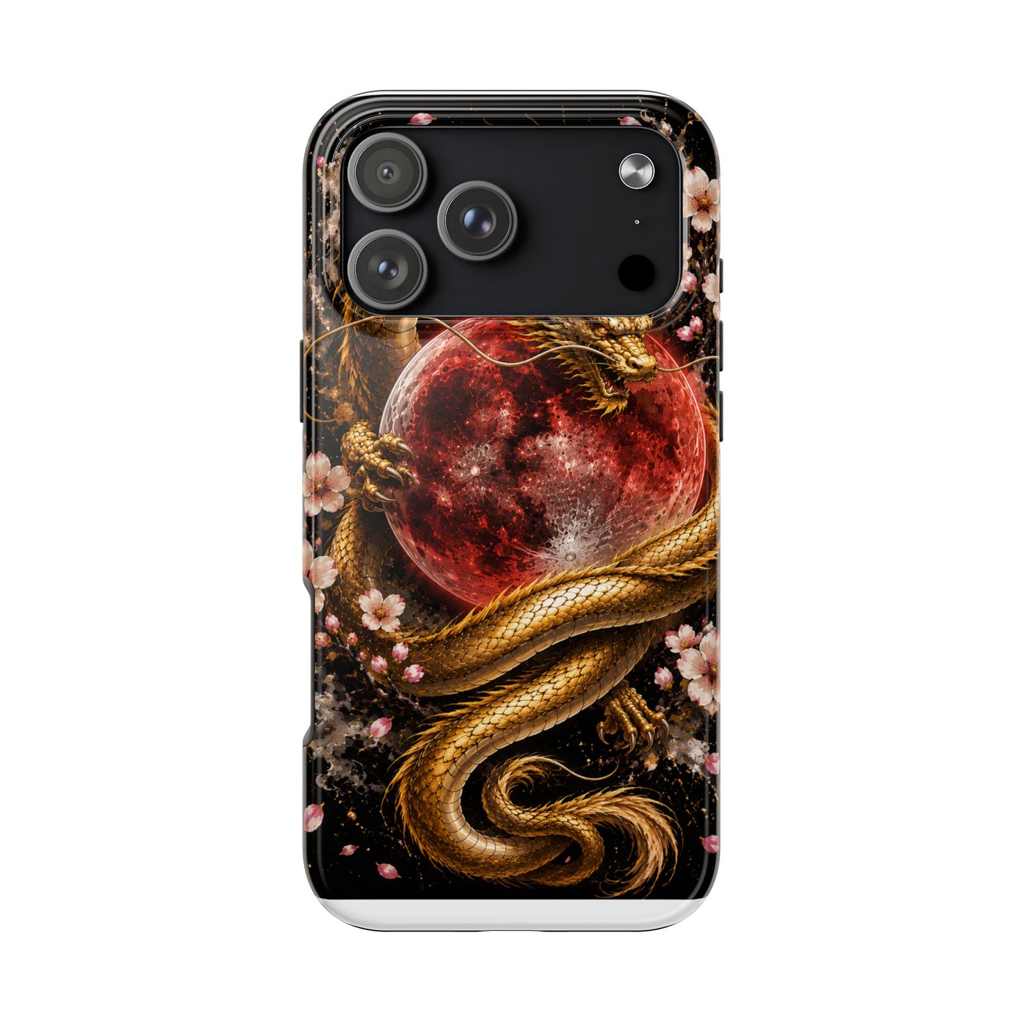 Golden Dragon Moon Tough Phone Case — Cherry Blossoms & Red Moon Protective Cover