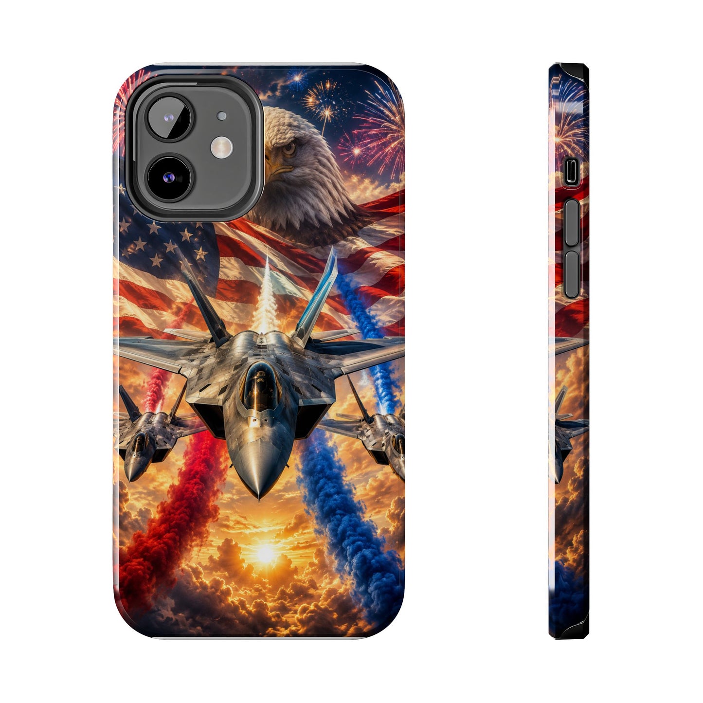 Patriotic Fighter Jet Phone Case with Eagle, American Flag & Fireworks Design