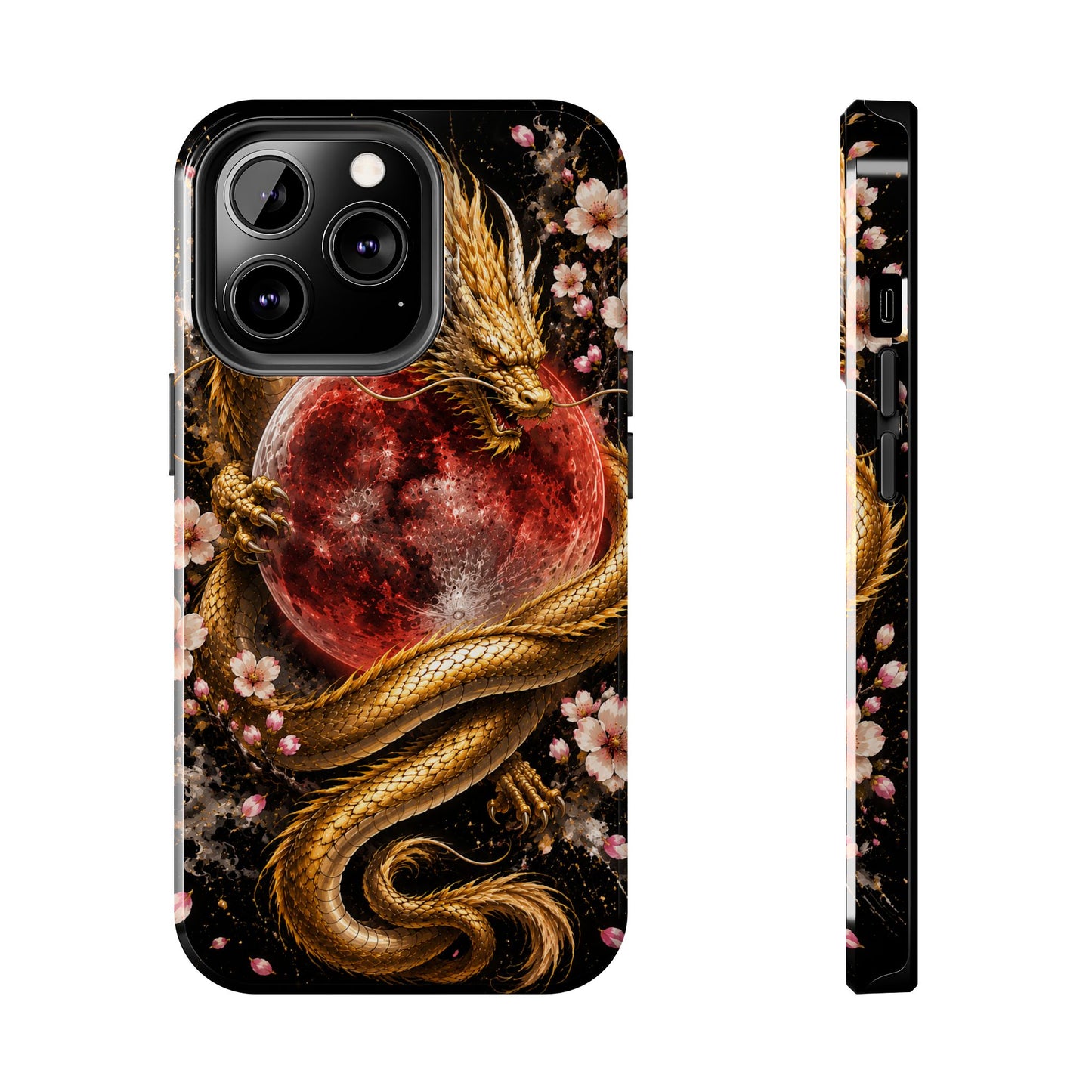 Golden Dragon Moon Tough Phone Case — Cherry Blossoms & Red Moon Protective Cover
