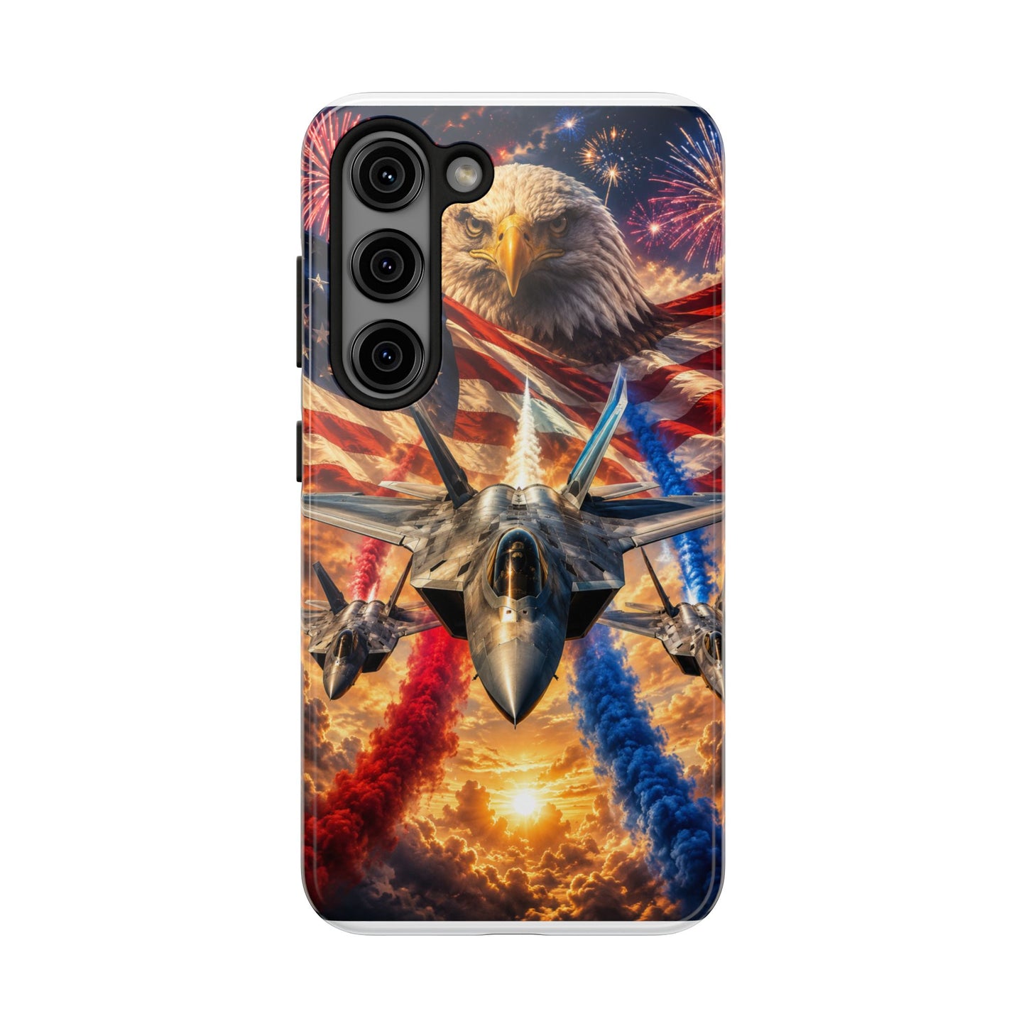 Patriotic Fighter Jet Phone Case with Eagle, American Flag & Fireworks Design