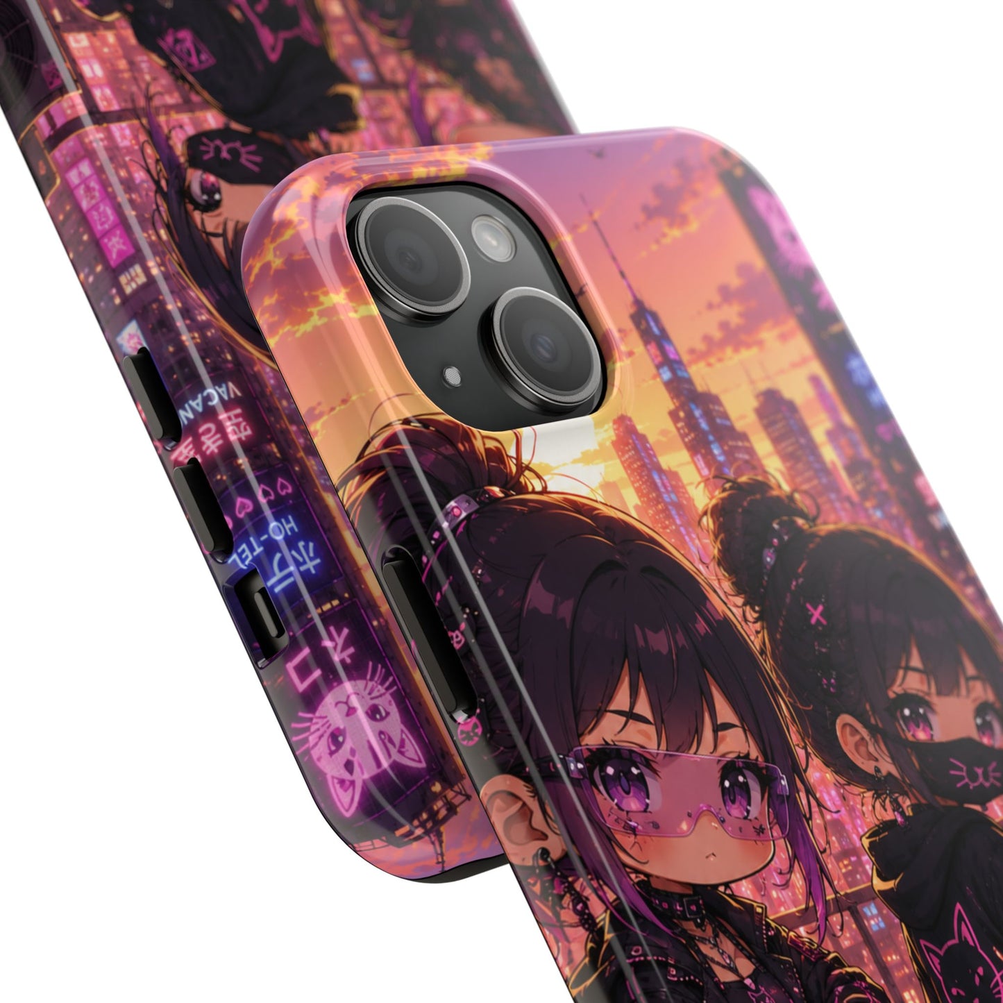 Anime City Night Tough Phone Case — Kawaii Cyberpunk Characters & Cat