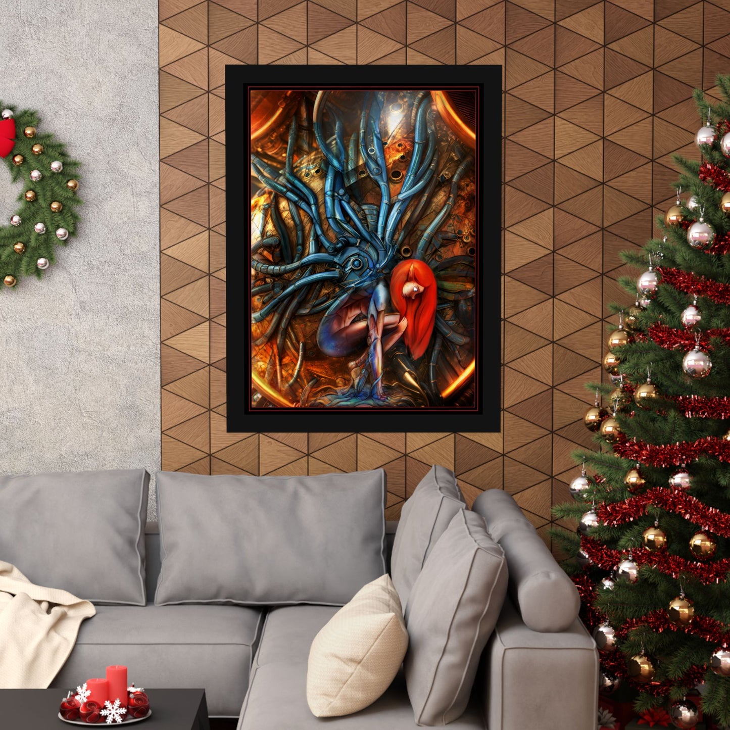 Sci‑Fi Surreal Poster — Red‑Haired Cyborg & Mechanical Kraken Matte Vertical Art