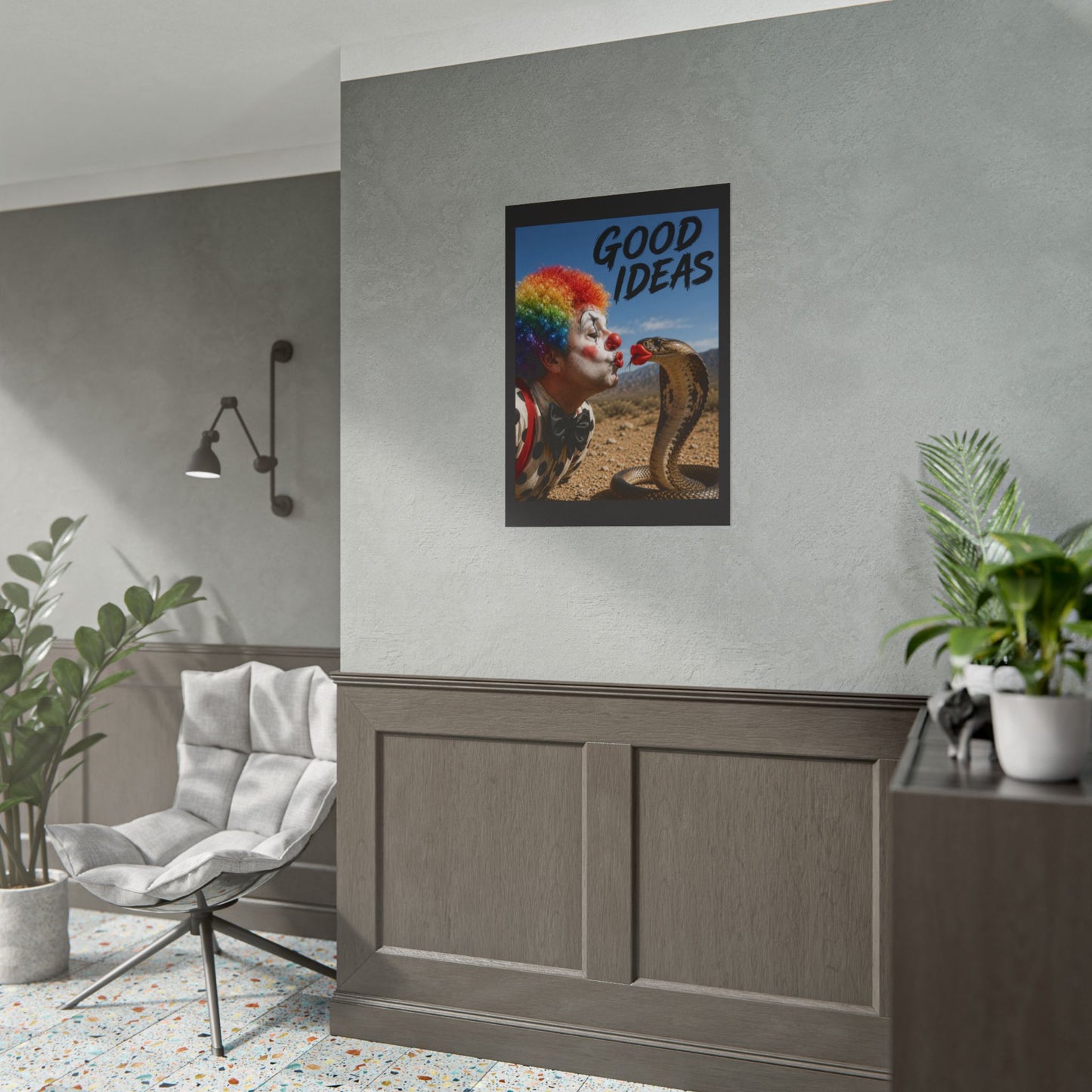 Good Ideas Clown & Snake Rolled Poster – Surreal Humor Wall Art
