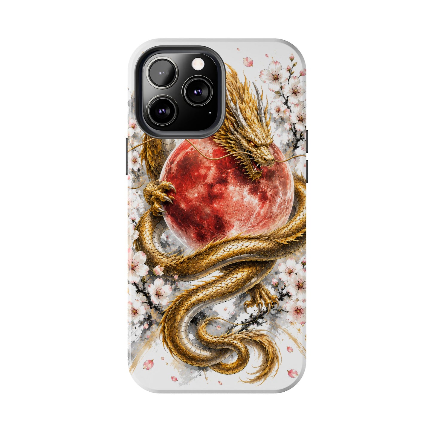 Golden Dragon Phone Case — Red Moon & Cherry Blossom Tough Phone Case