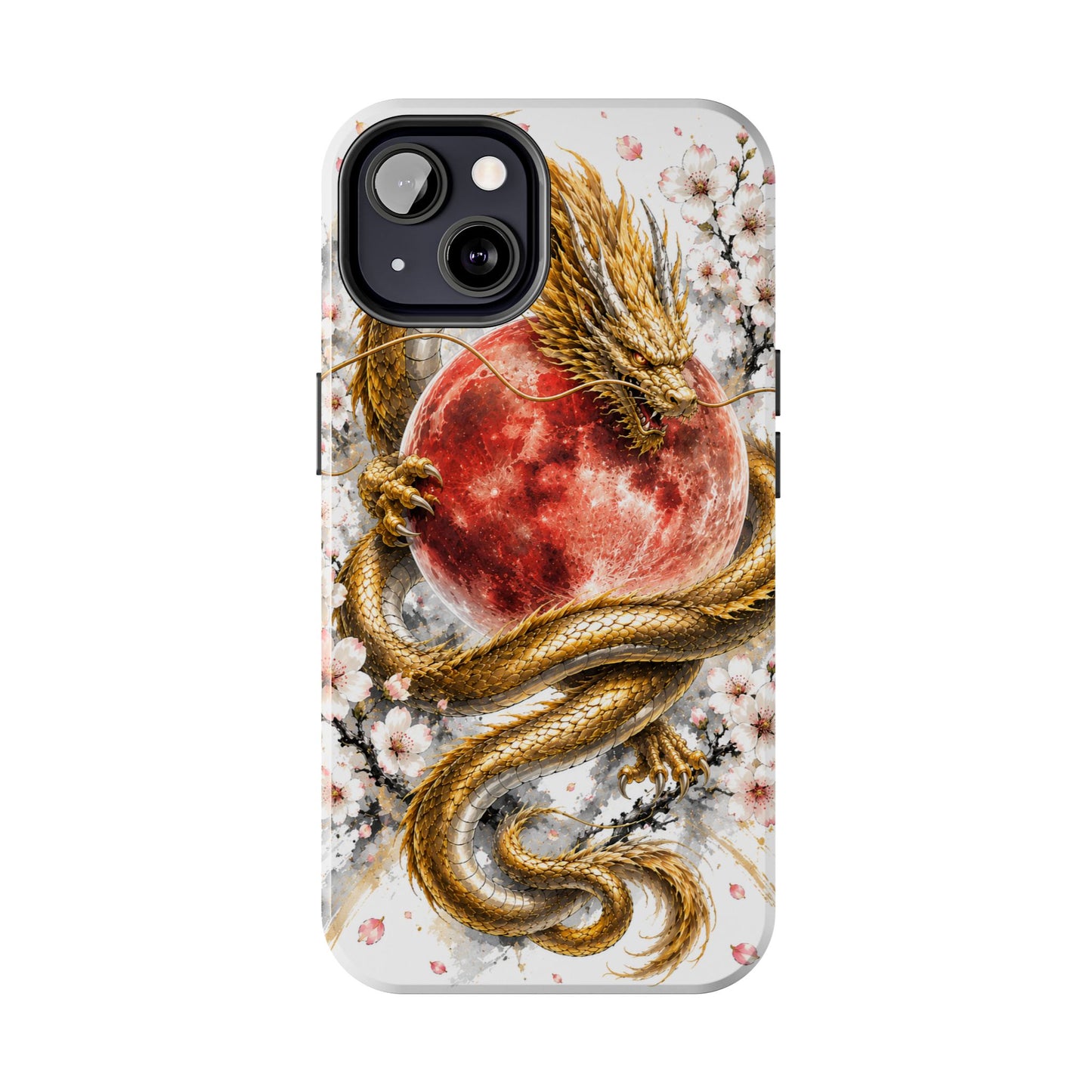 Golden Dragon Phone Case — Red Moon & Cherry Blossom Tough Phone Case