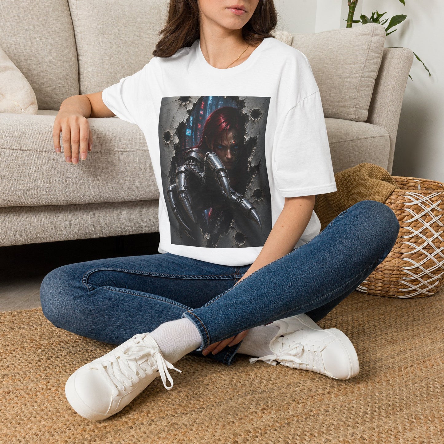 Cyberpunk Warrior Graphic T-Shirt — Red-Haired Brawler Design