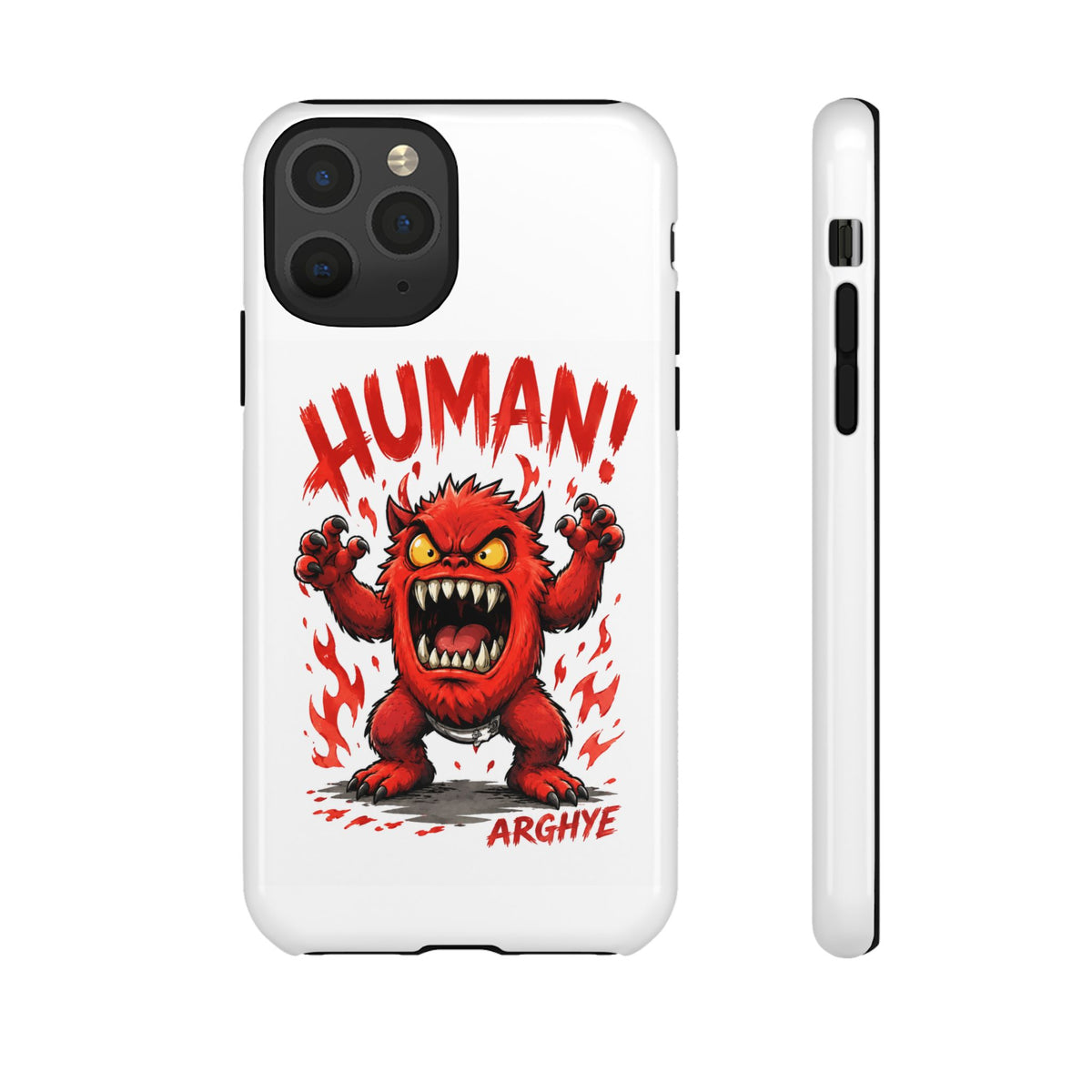 Angry Monster "HUMAN!" Phone Case — Cute Fiery Creature iPhone Cover