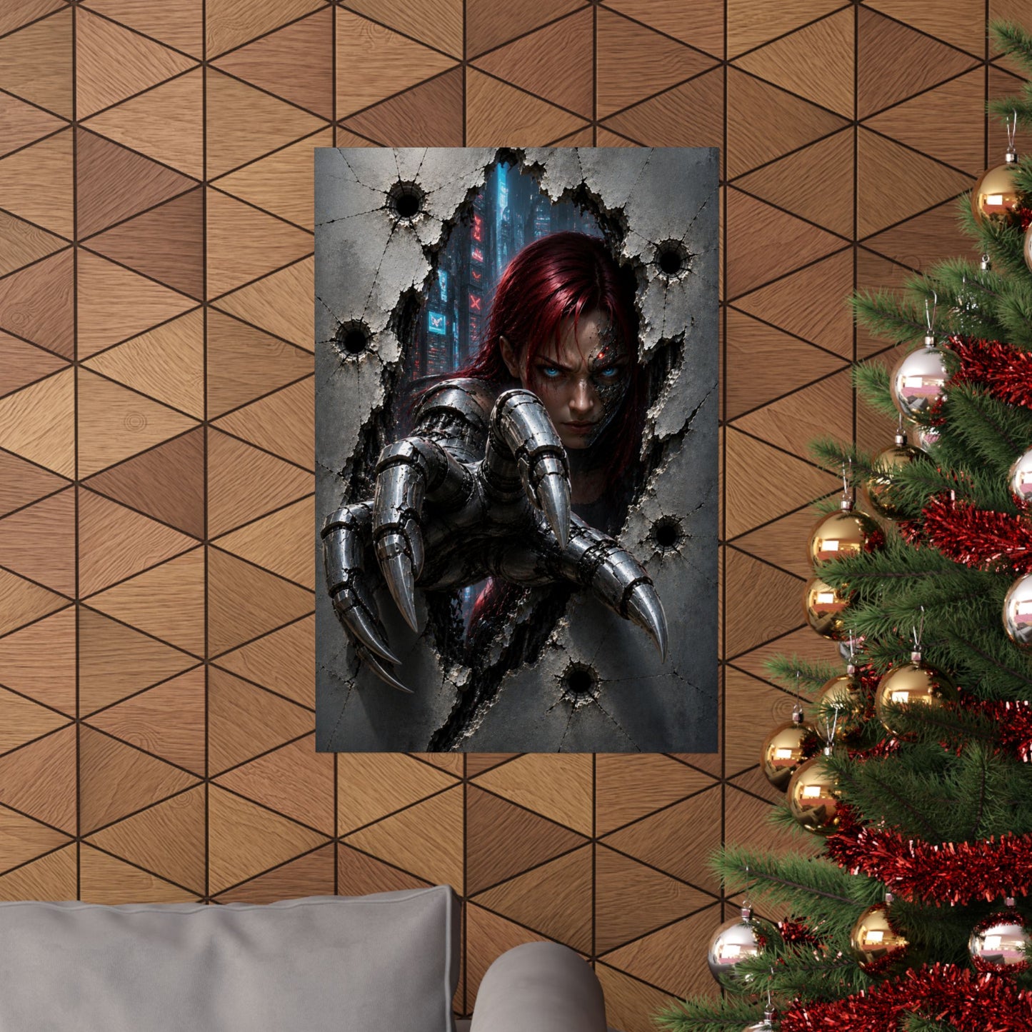 Cyberpunk Assassin Matte Poster — Red-Haired Cyborg Claw Wall Art