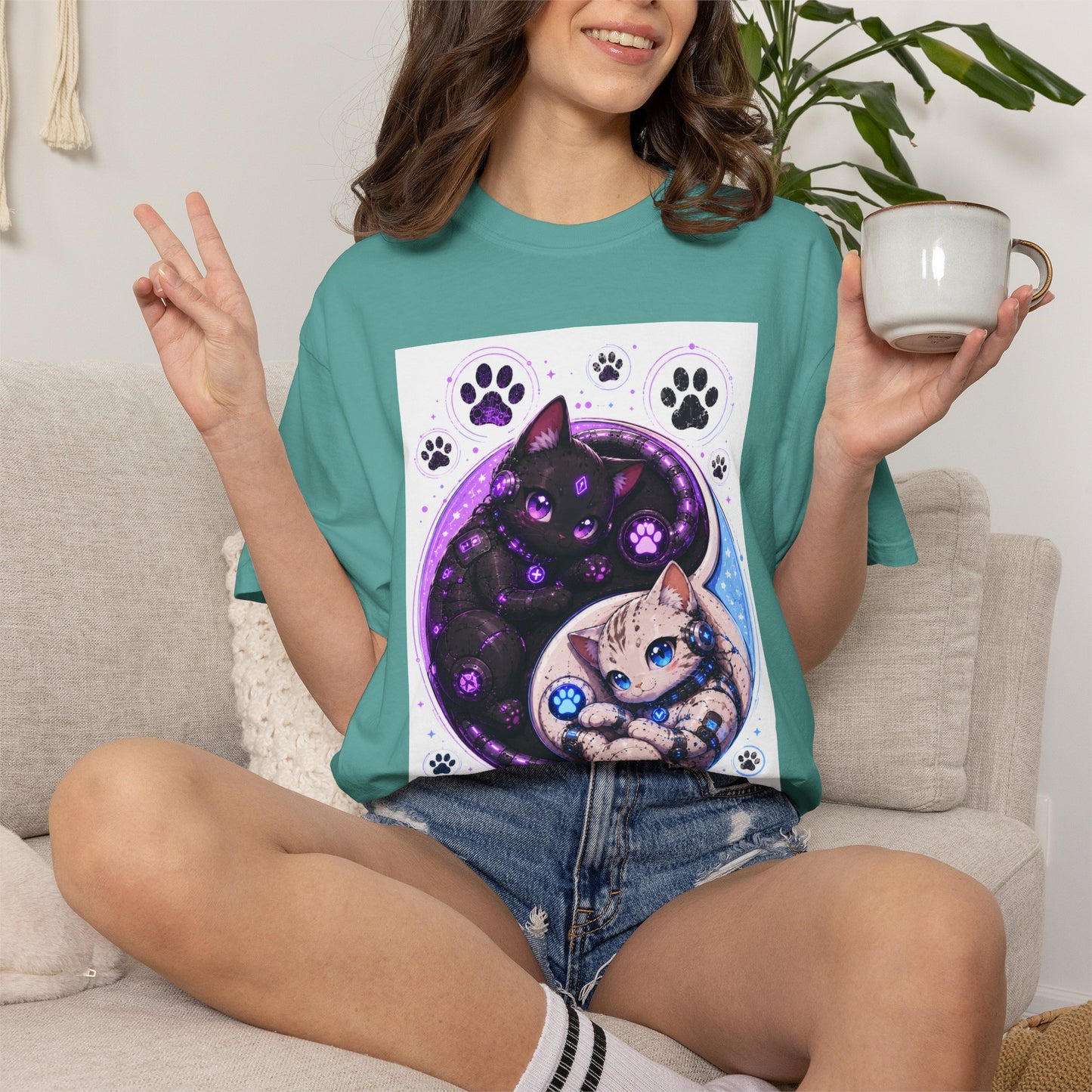 Yin Yang Cat T-Shirt — Cosmic Black & White Kittens Paw Print Tee