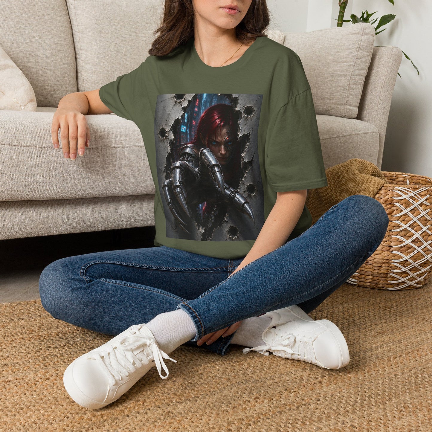 Cyberpunk Warrior Graphic T-Shirt — Red-Haired Brawler Design