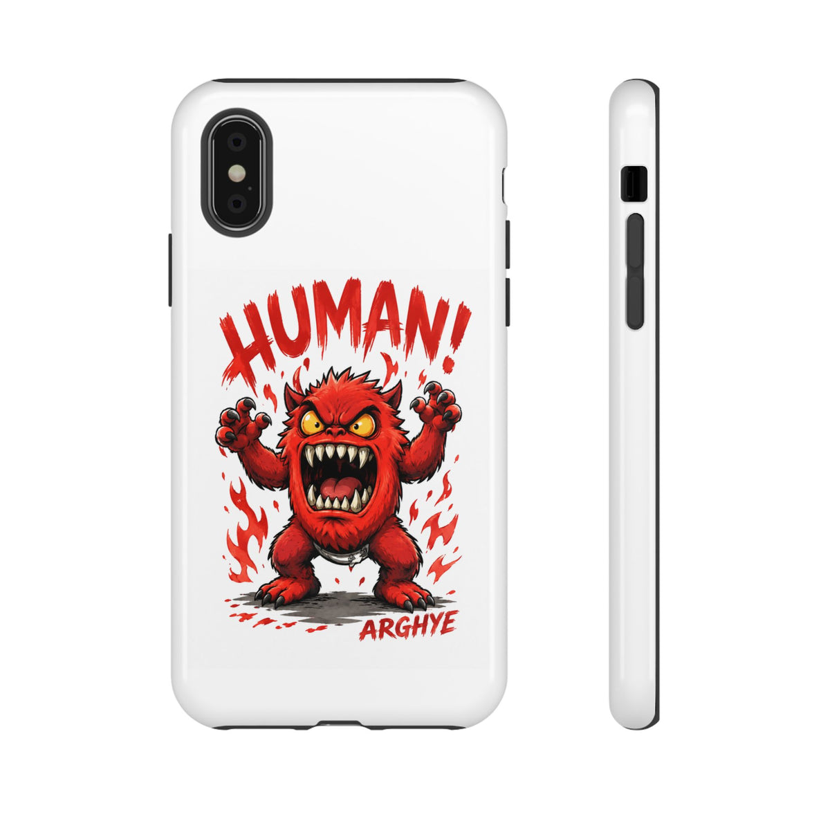 Angry Monster "HUMAN!" Phone Case — Cute Fiery Creature iPhone Cover