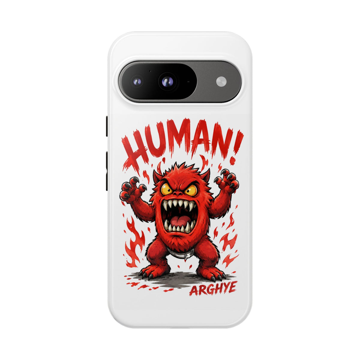 Angry Monster "HUMAN!" Phone Case — Cute Fiery Creature iPhone Cover