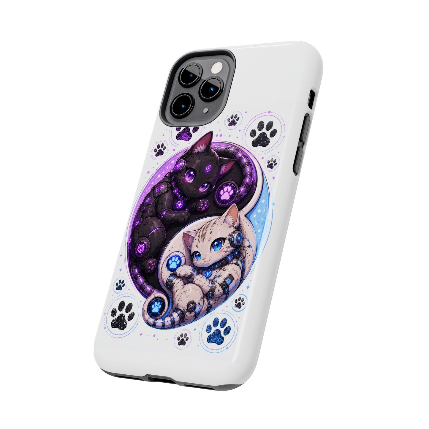 Cat Yin Yang Tough Phone Case — Black & White Kittens, Paw Print Protective Cover