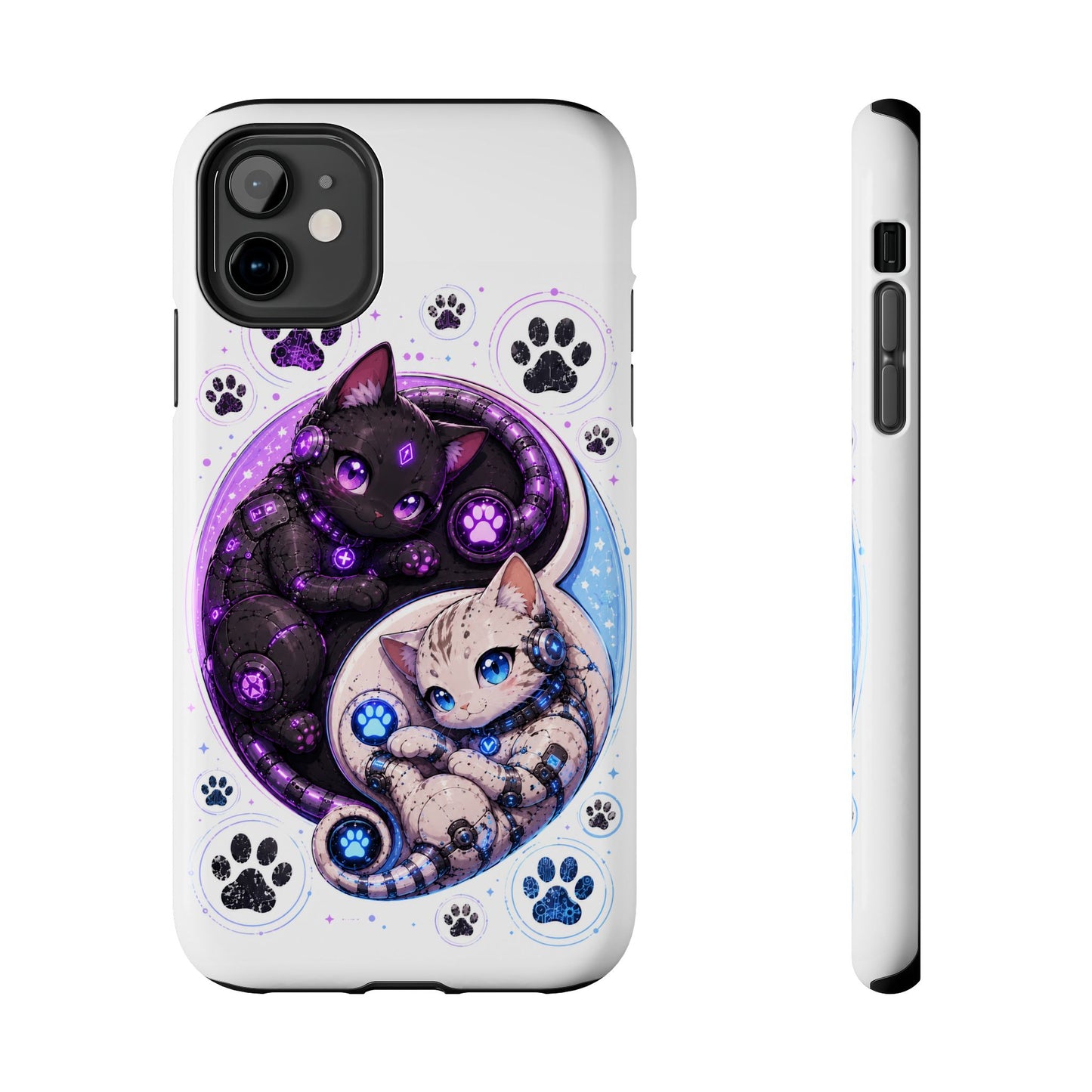 Cat Yin Yang Tough Phone Case — Black & White Kittens, Paw Print Protective Cover