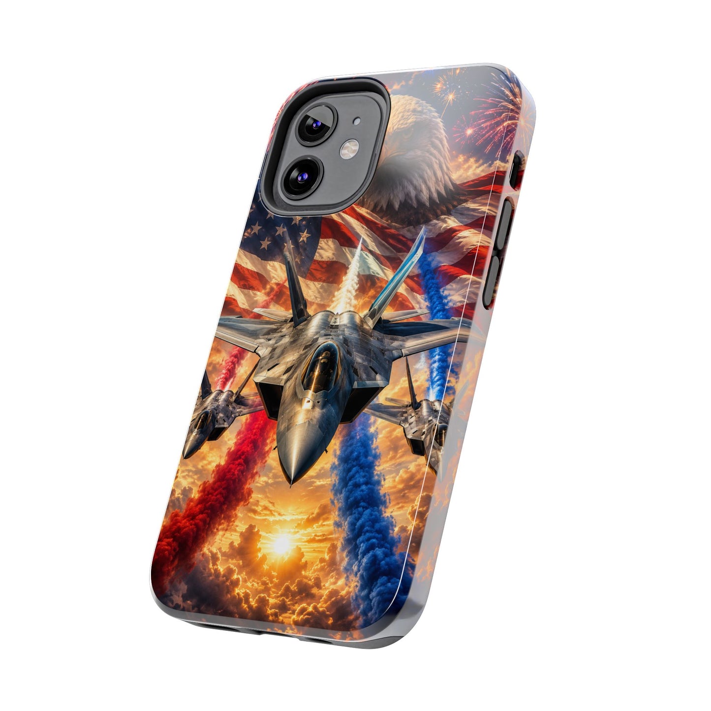 Patriotic Fighter Jet Phone Case with Eagle, American Flag & Fireworks Design