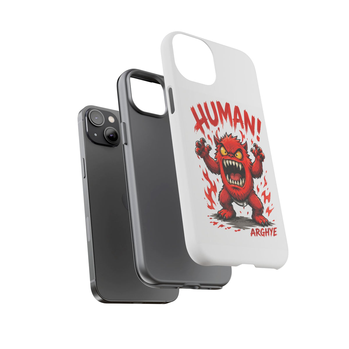 Angry Monster "HUMAN!" Phone Case — Cute Fiery Creature iPhone Cover