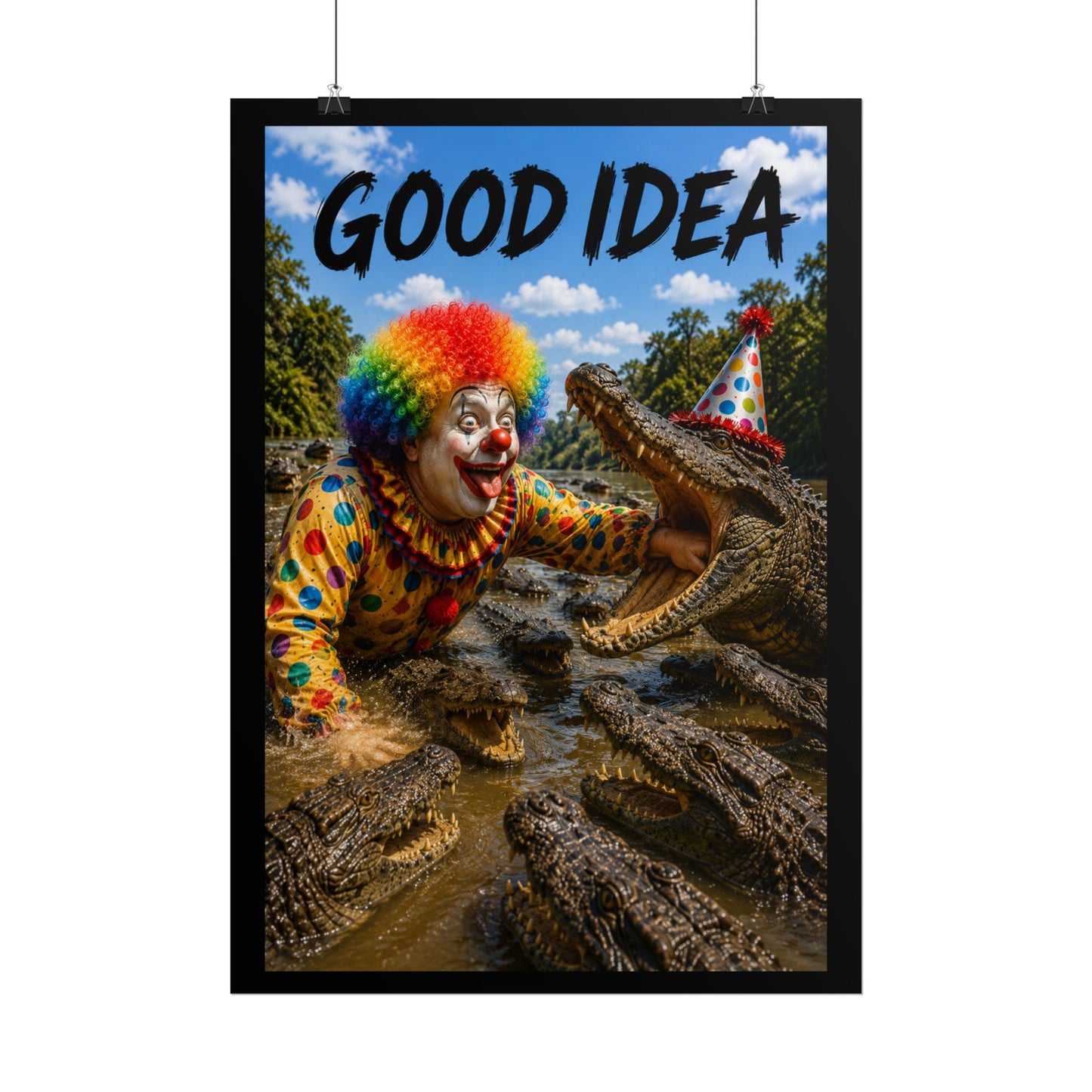 Clown & Crocodile 'Good Idea' Poster - Funny Surreal Wall Art
