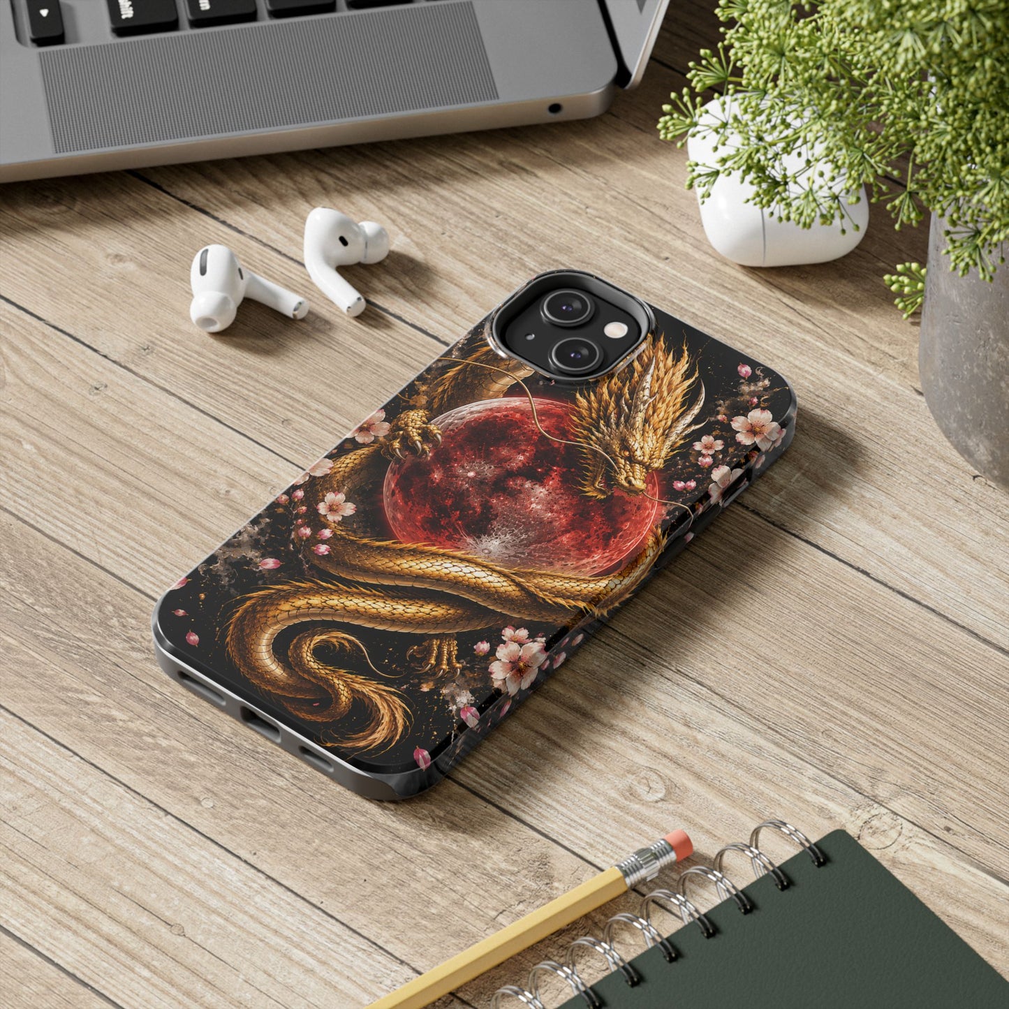 Golden Dragon Moon Tough Phone Case — Cherry Blossoms & Red Moon Protective Cover