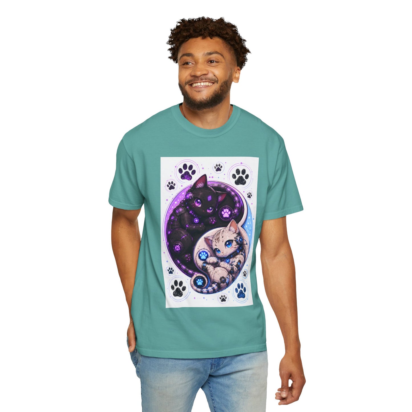 Yin Yang Cat T-Shirt — Cosmic Black & White Kittens Paw Print Tee