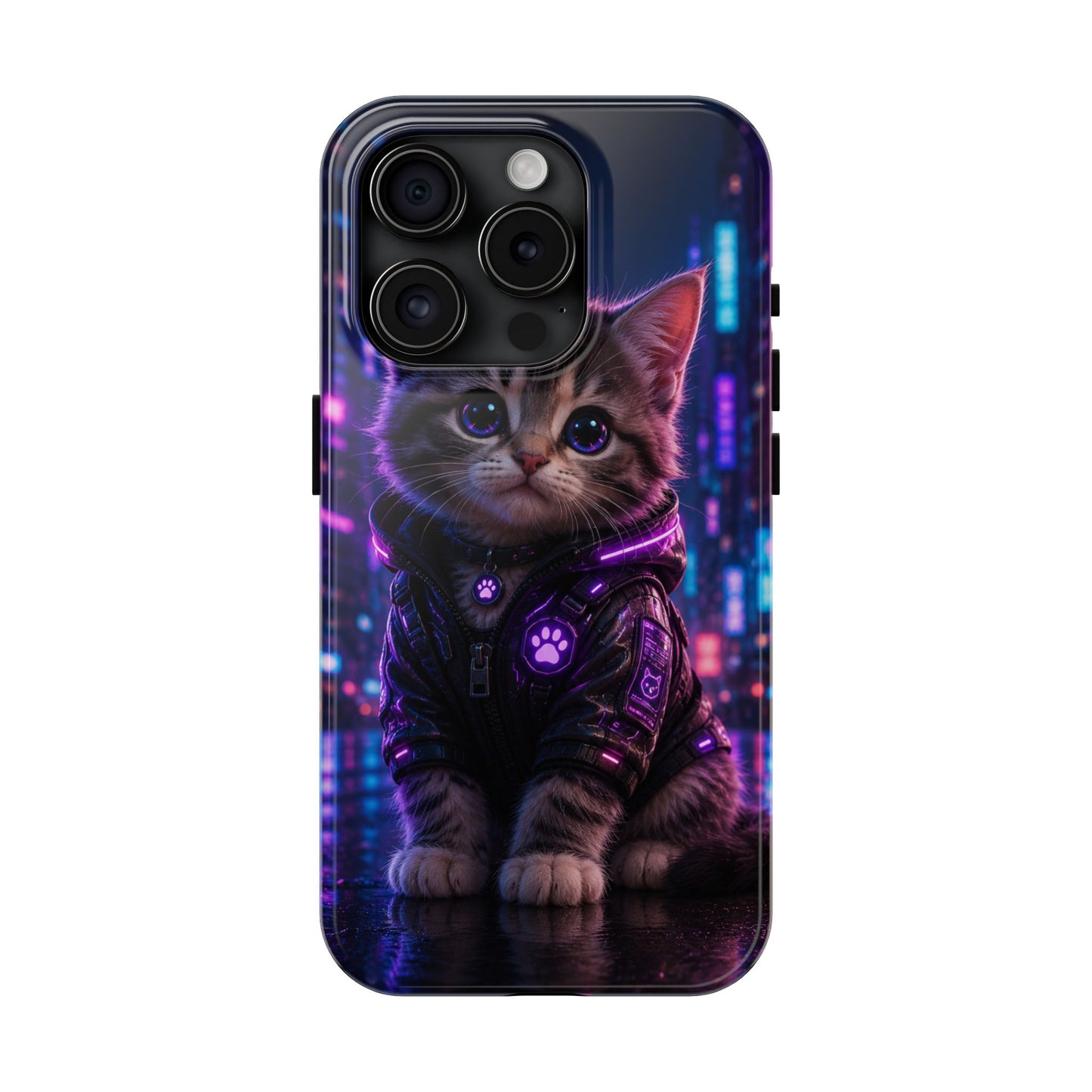 Cyberpunk Kitten Tough Phone Case — Neon Cat Protective Phone Cover