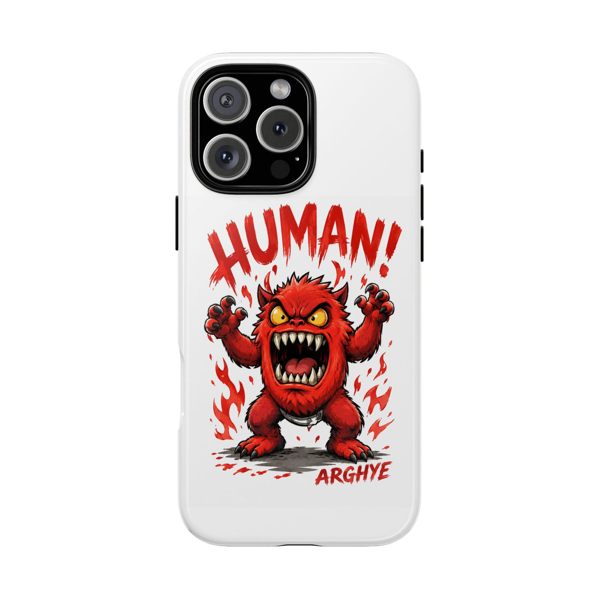 Angry Monster "HUMAN!" Phone Case — Cute Fiery Creature iPhone Cover