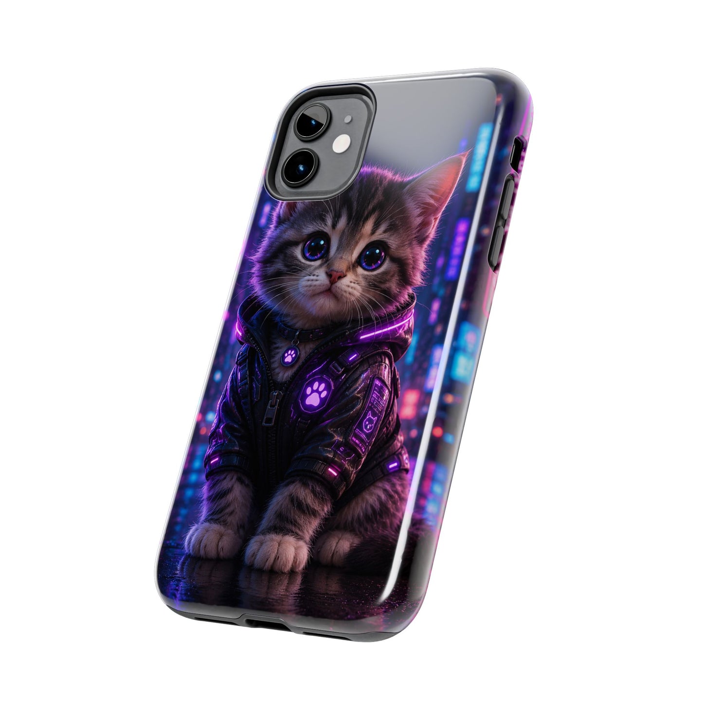 Cyberpunk Kitten Tough Phone Case — Neon Cat Protective Phone Cover