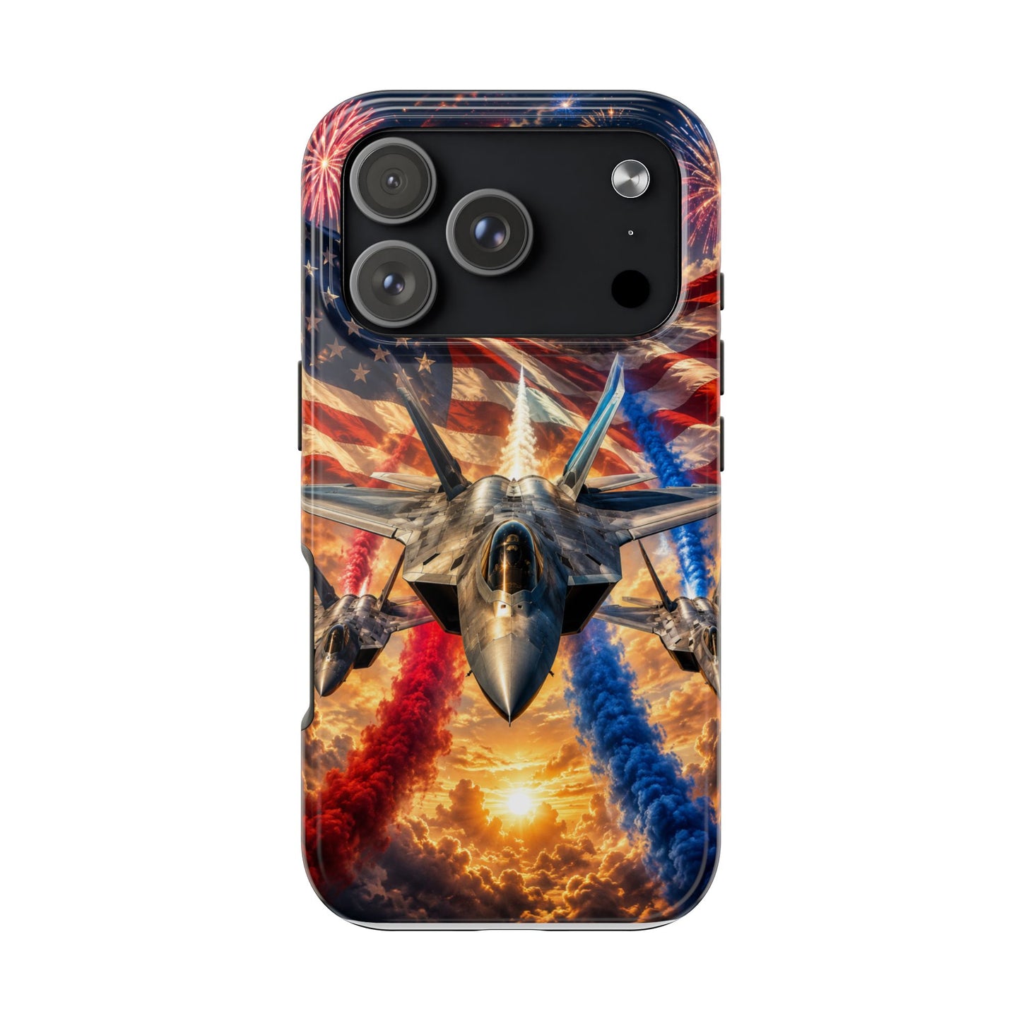 Patriotic Fighter Jet Phone Case with Eagle, American Flag & Fireworks Design