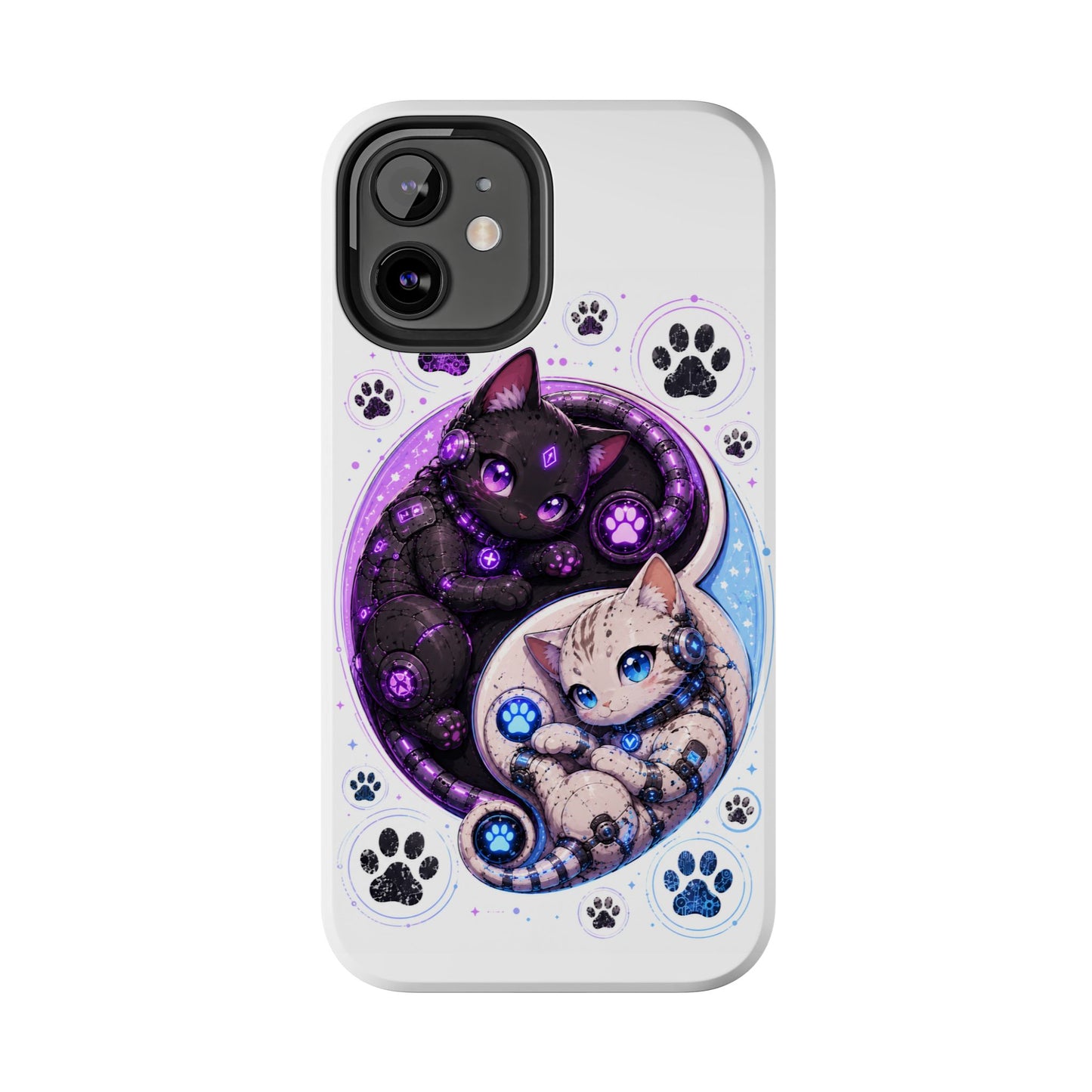 Cat Yin Yang Tough Phone Case — Black & White Kittens, Paw Print Protective Cover