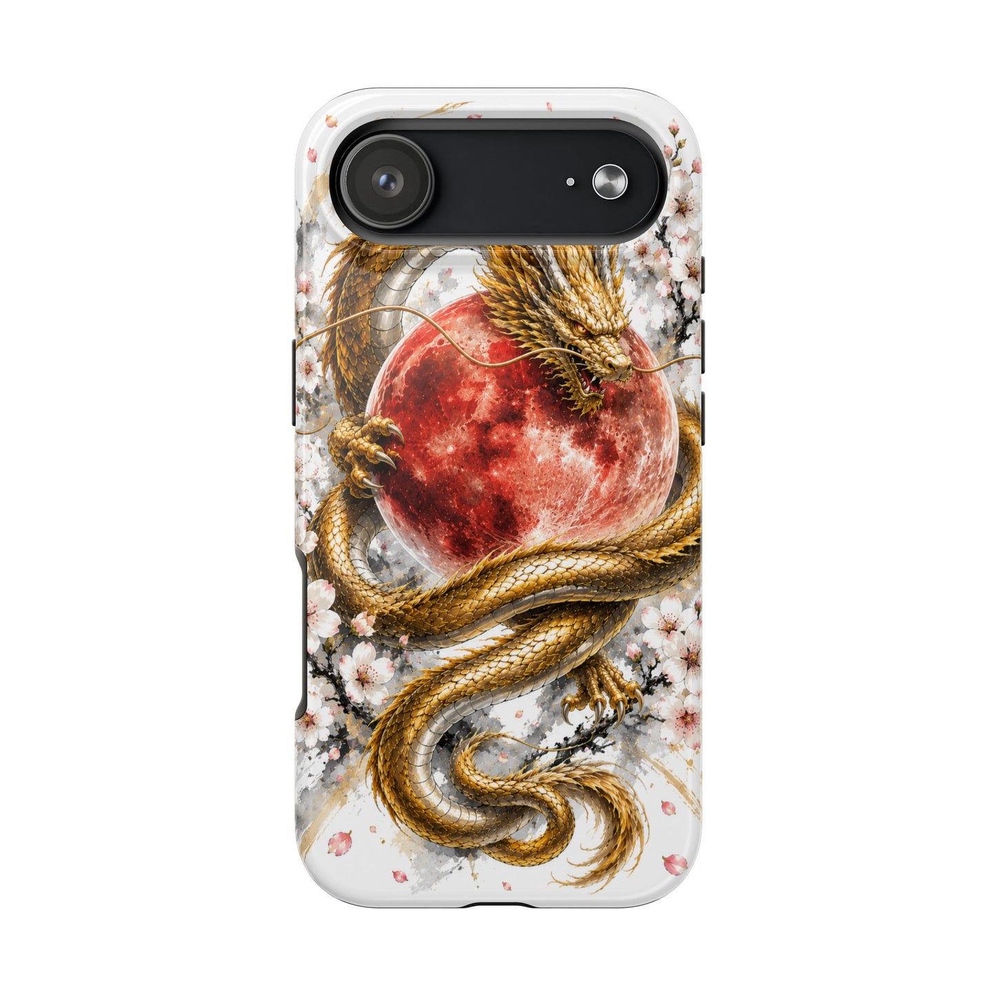 Golden Dragon Phone Case — Red Moon & Cherry Blossom Tough Phone Case
