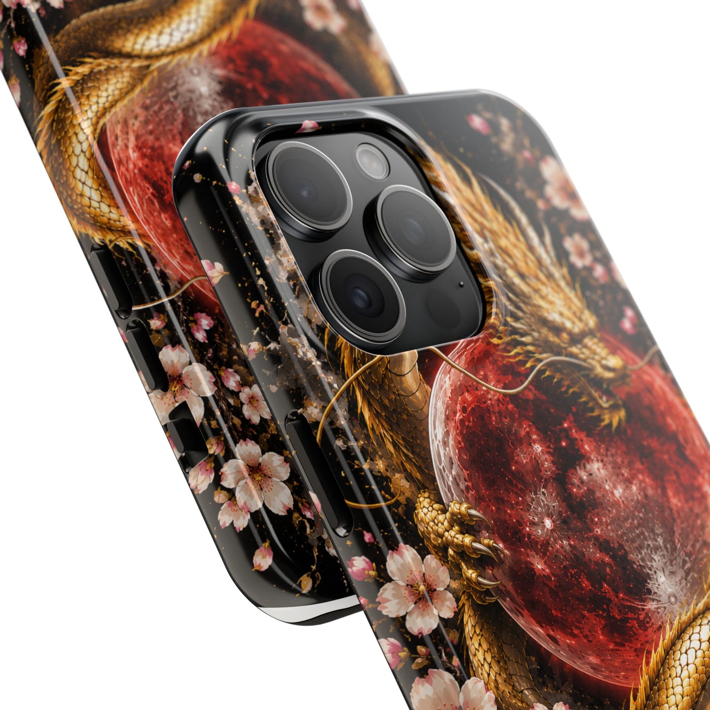 Golden Dragon Moon Tough Phone Case — Cherry Blossoms & Red Moon Protective Cover