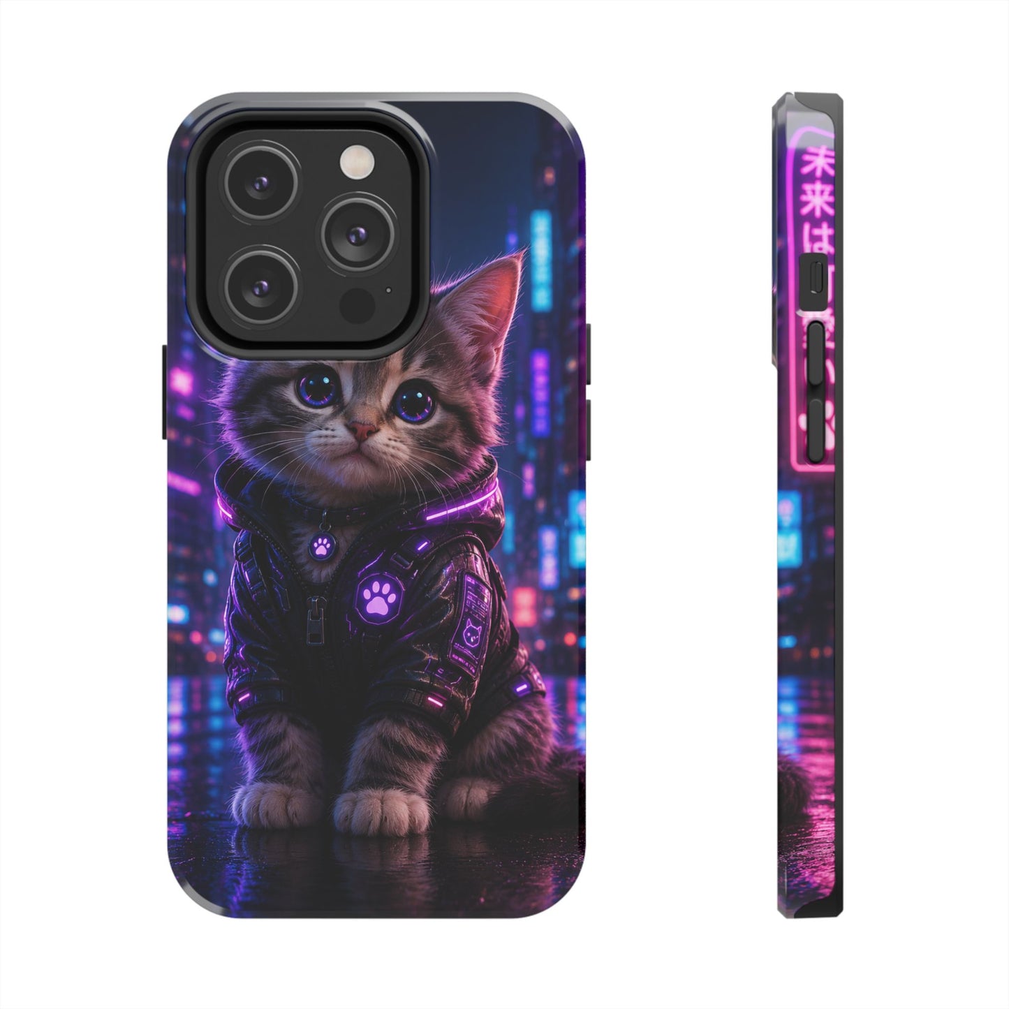 Cyberpunk Kitten Tough Phone Case — Neon Cat Protective Phone Cover