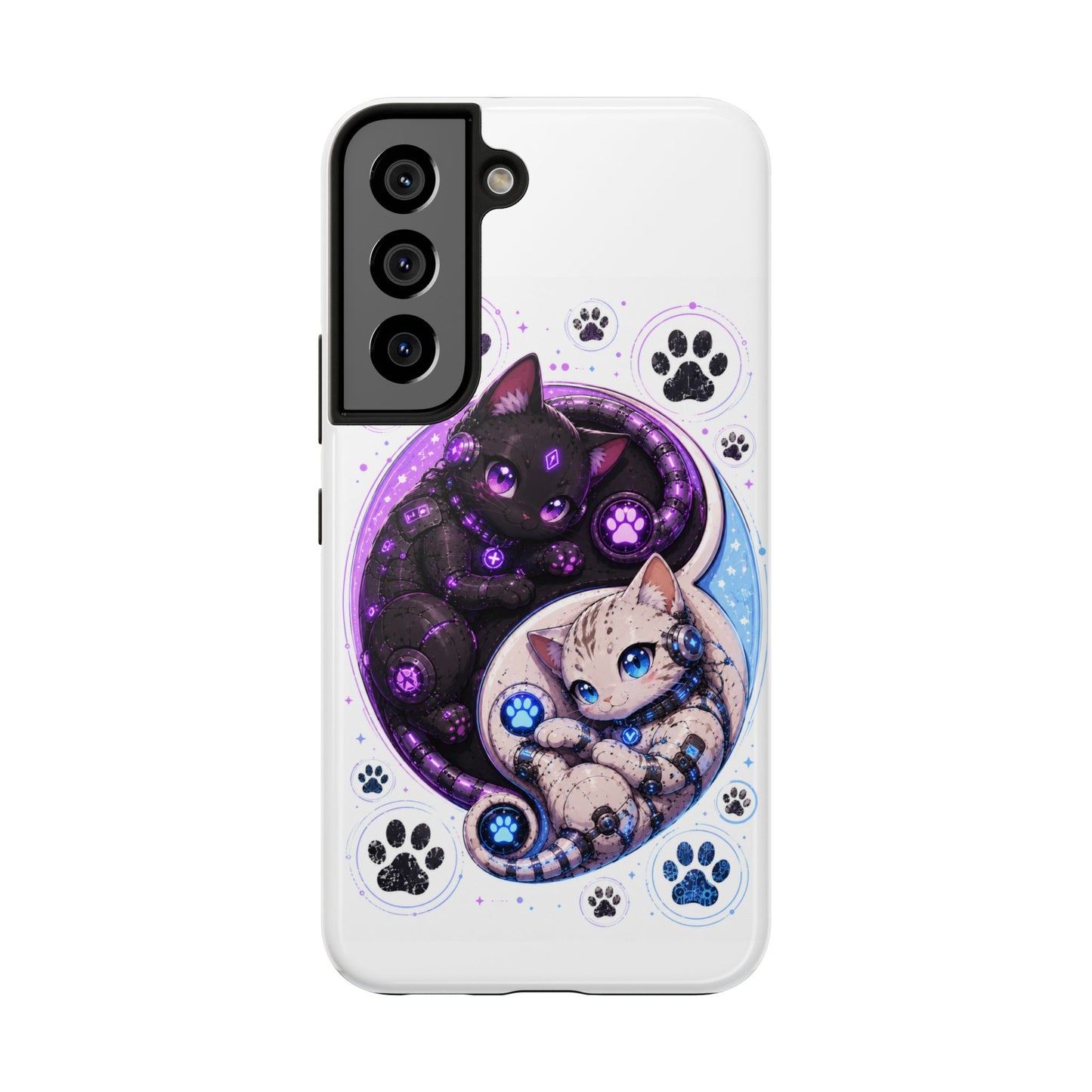 Cat Yin Yang Tough Phone Case — Black & White Kittens, Paw Print Protective Cover