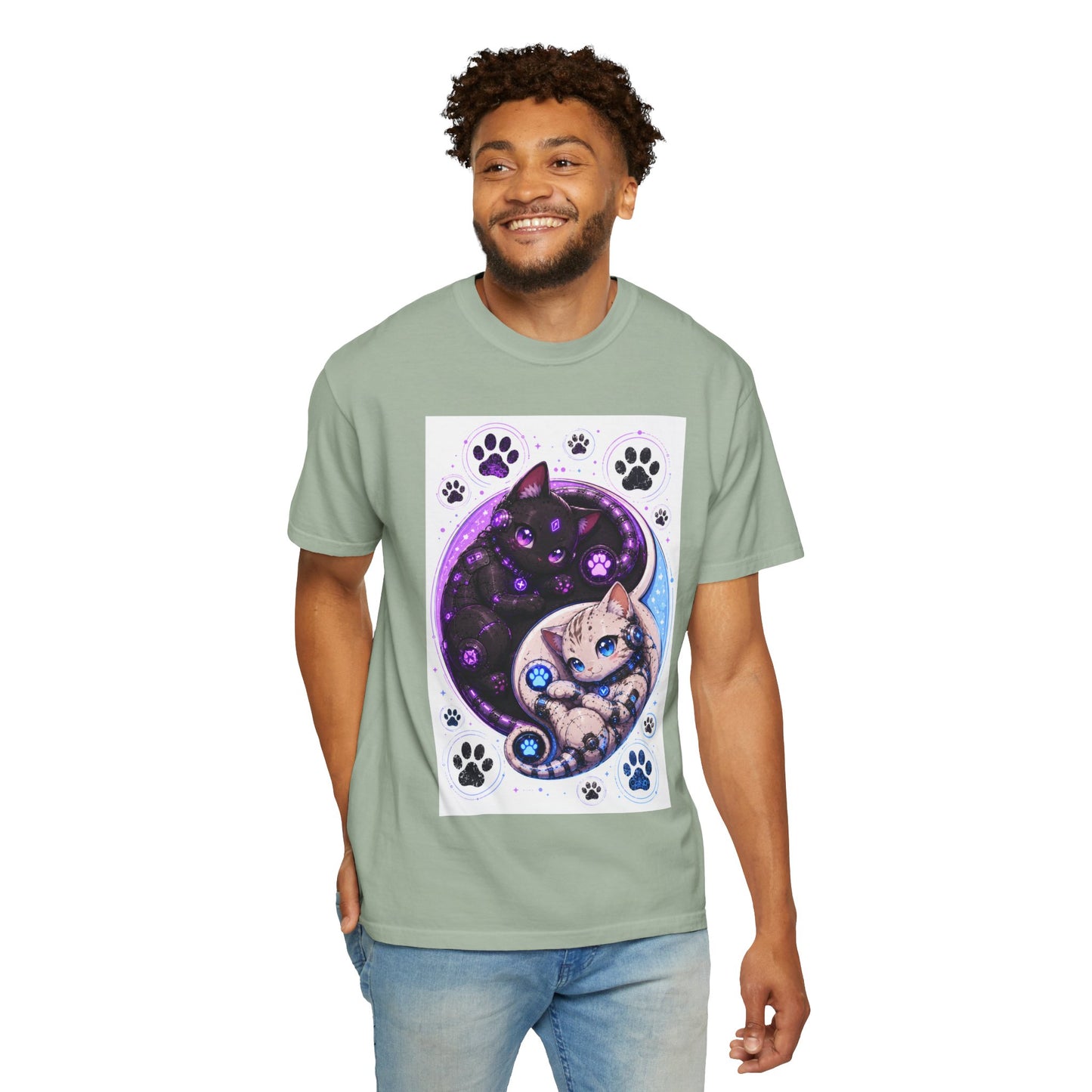 Yin Yang Cat T-Shirt — Cosmic Black & White Kittens Paw Print Tee