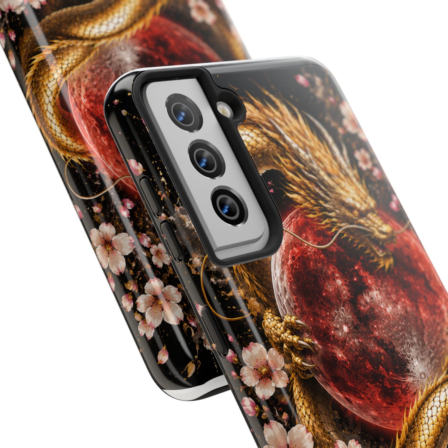 Golden Dragon Moon Tough Phone Case — Cherry Blossoms & Red Moon Protective Cover
