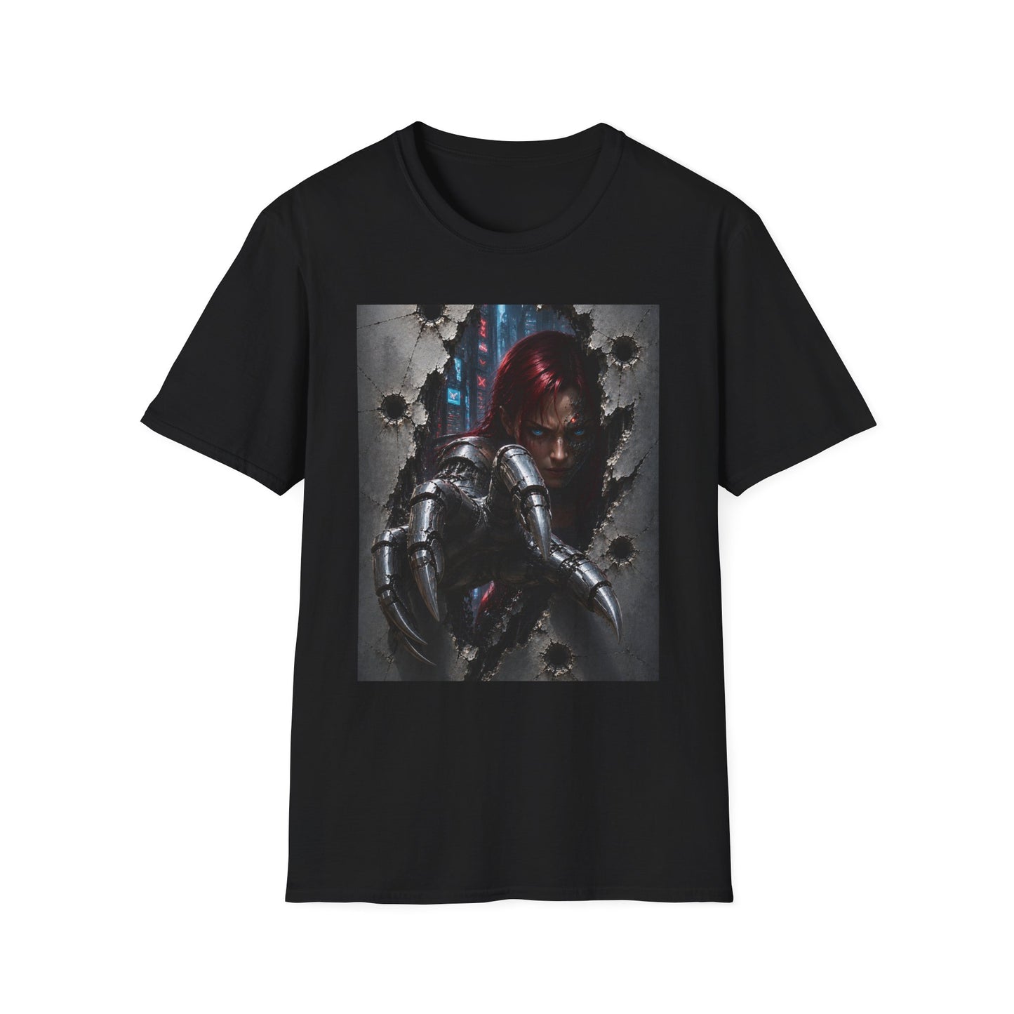 Cyberpunk Warrior Graphic T-Shirt — Red-Haired Brawler Design