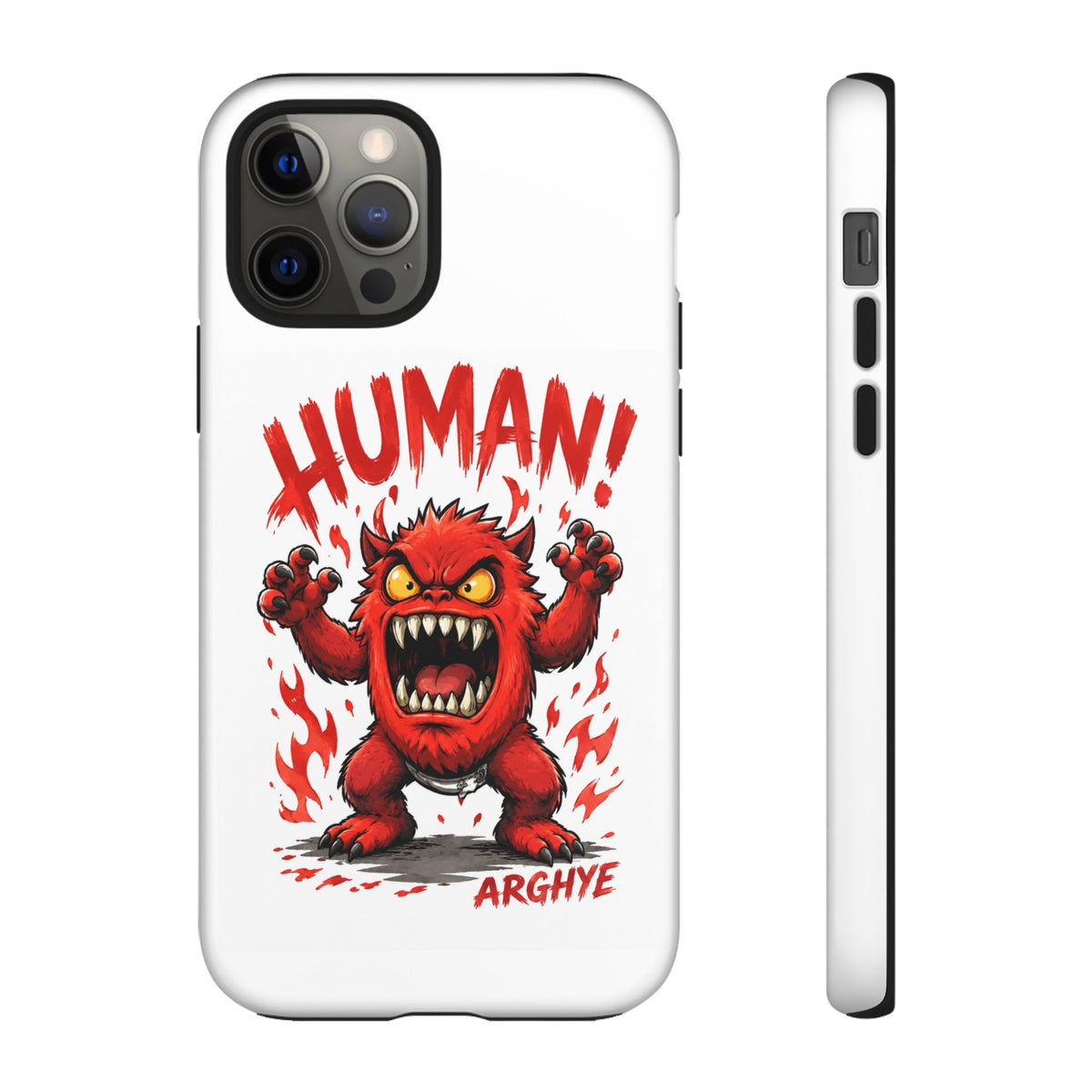 Angry Monster "HUMAN!" Phone Case — Cute Fiery Creature iPhone Cover