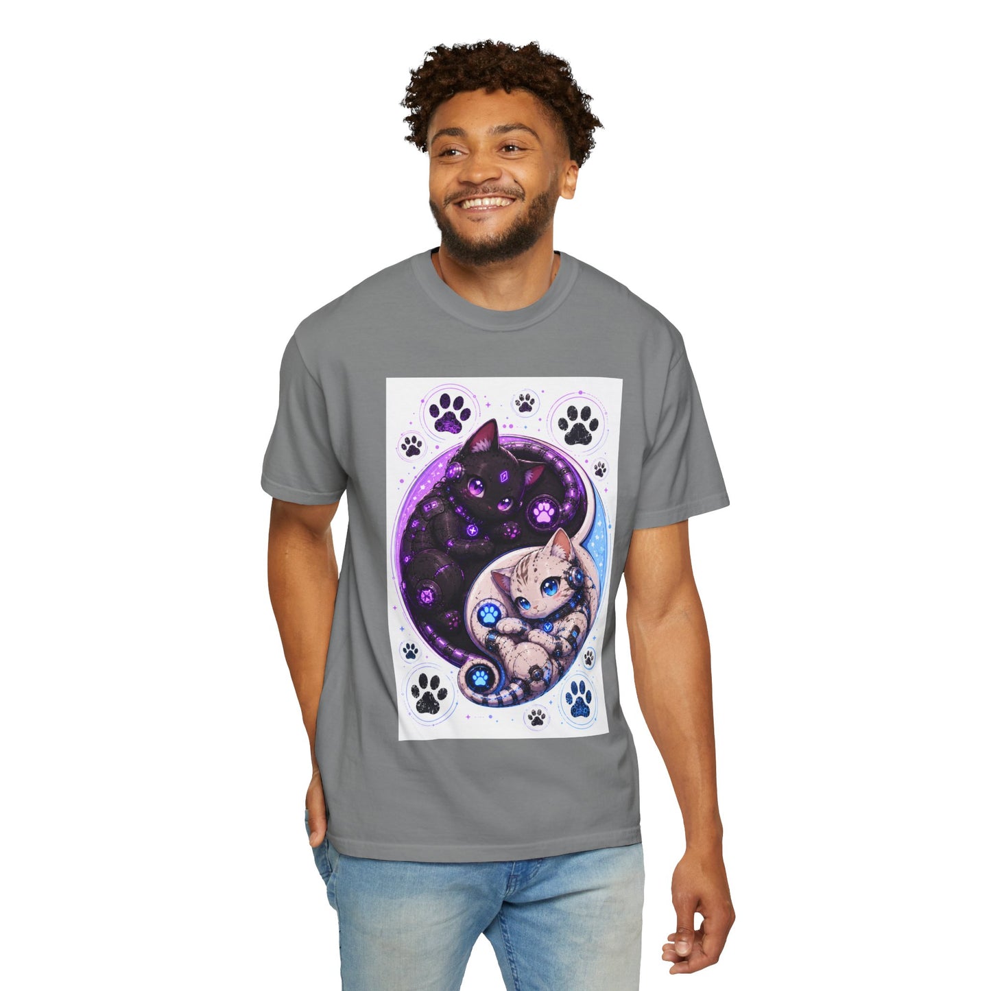 Yin Yang Cat T-Shirt — Cosmic Black & White Kittens Paw Print Tee
