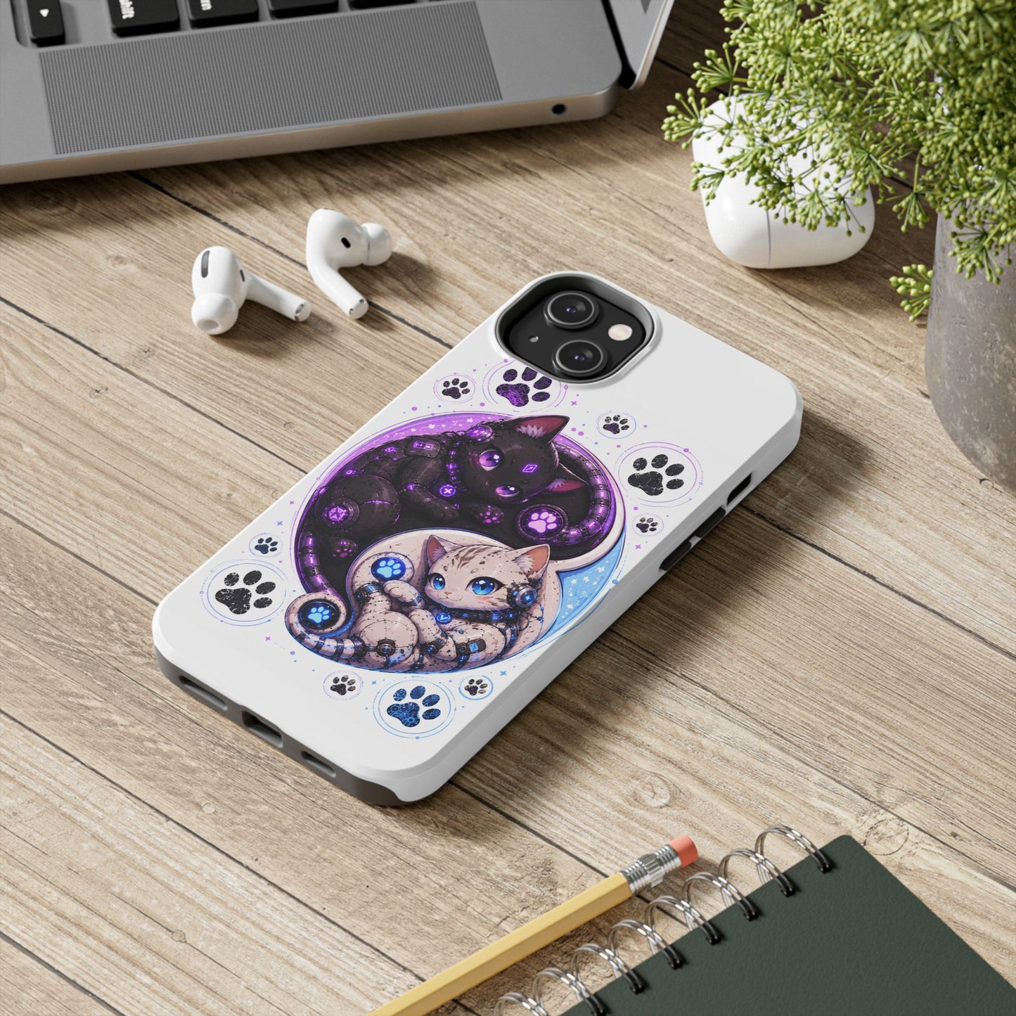 Cat Yin Yang Tough Phone Case — Black & White Kittens, Paw Print Protective Cover