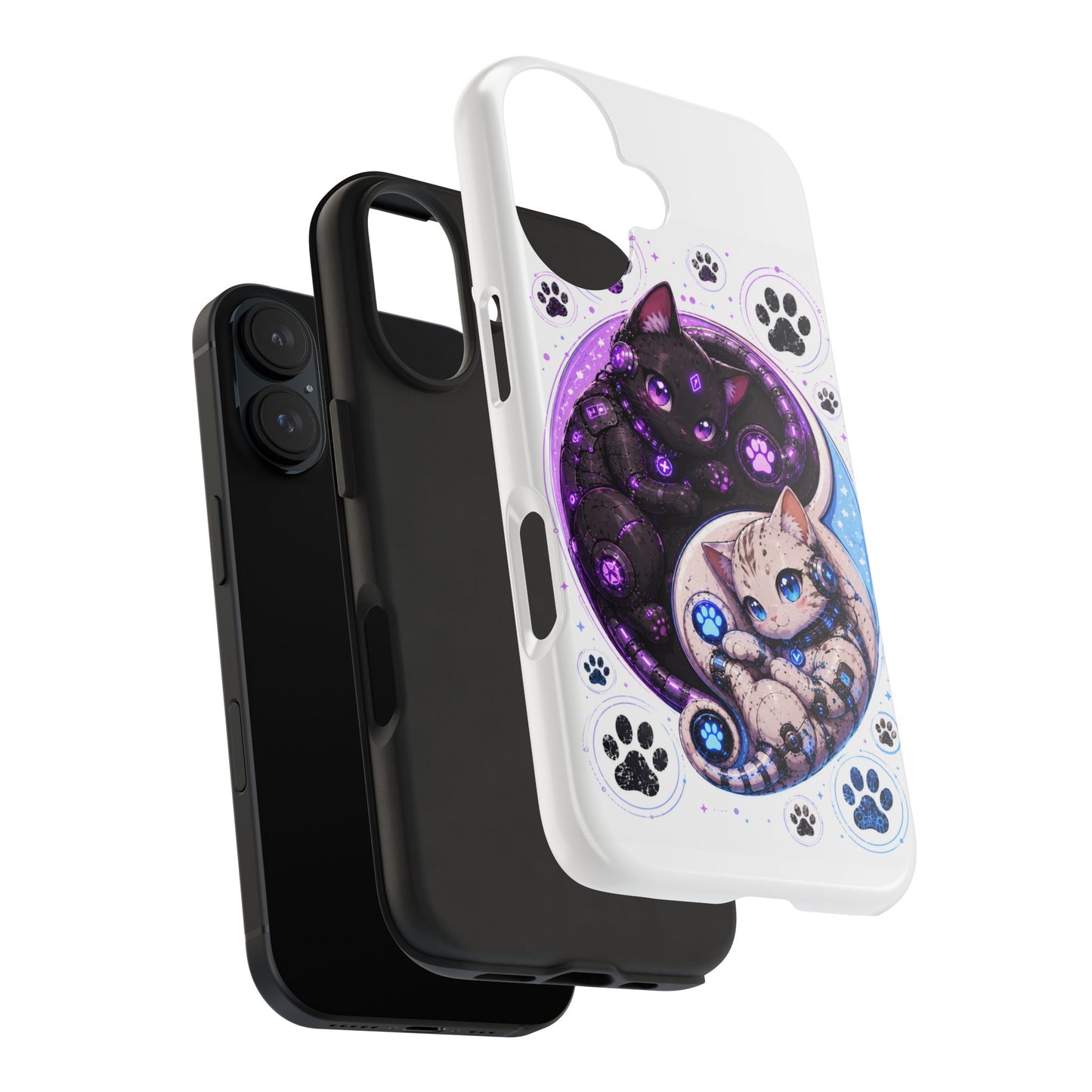 Cat Yin Yang Tough Phone Case — Black & White Kittens, Paw Print Protective Cover
