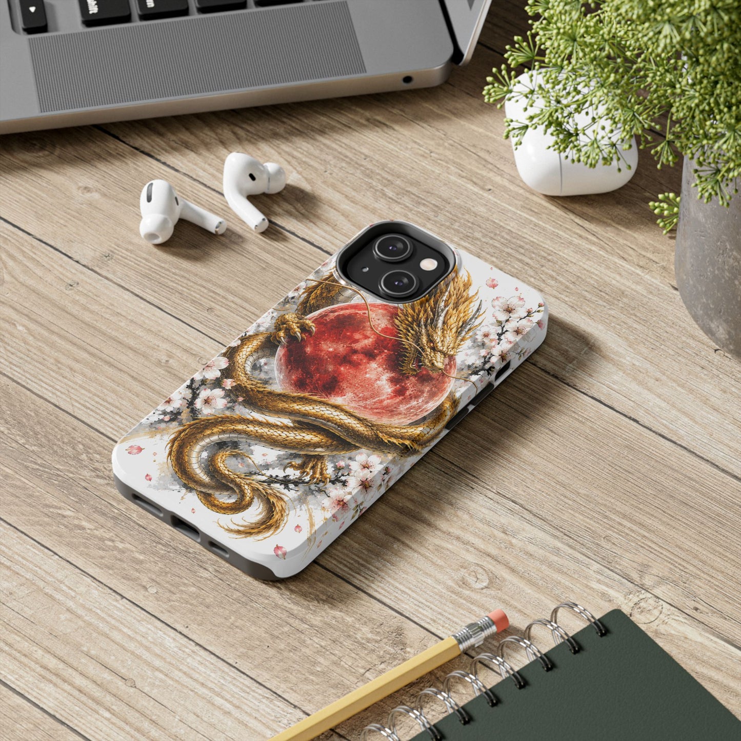 Golden Dragon Phone Case — Red Moon & Cherry Blossom Tough Phone Case