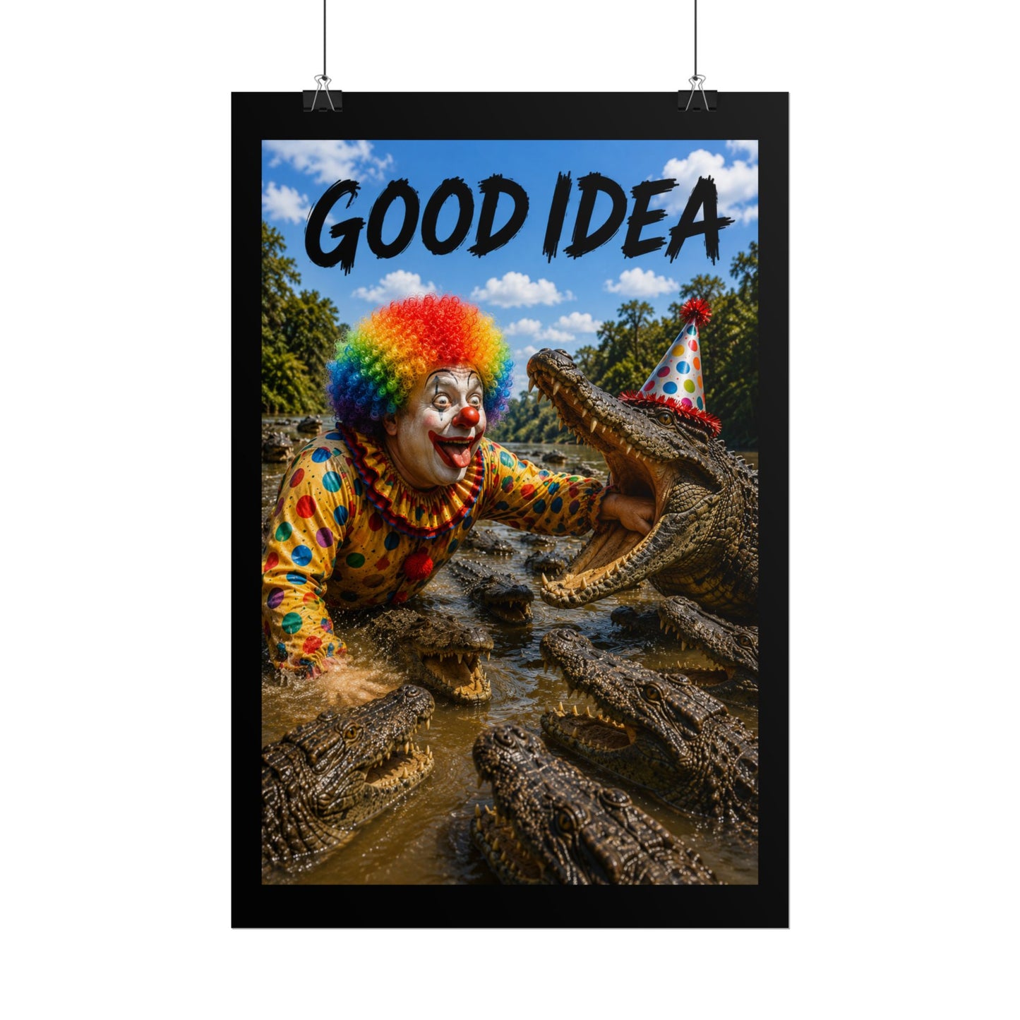 Clown & Crocodile 'Good Idea' Poster - Funny Surreal Wall Art