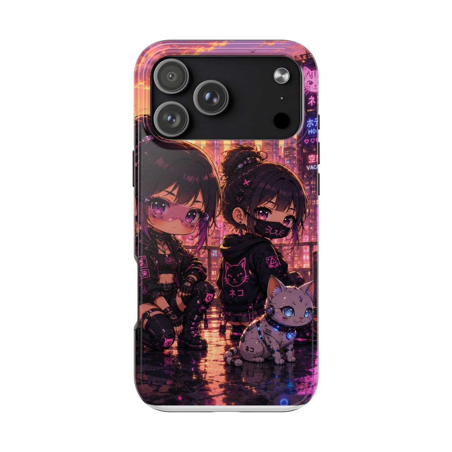 Anime City Night Tough Phone Case — Kawaii Cyberpunk Characters & Cat