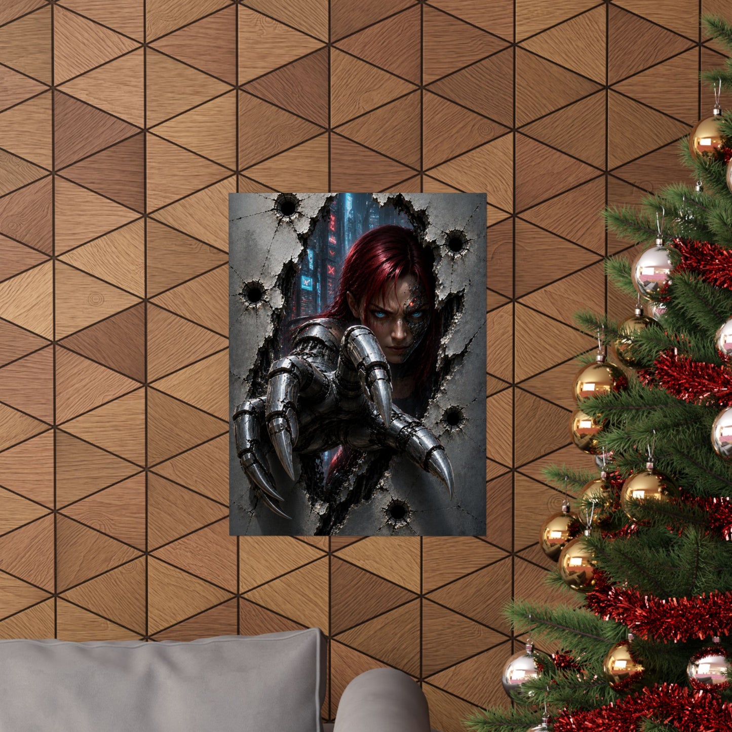 Cyberpunk Assassin Matte Poster — Red-Haired Cyborg Claw Wall Art