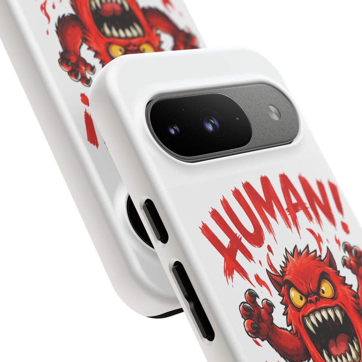 Angry Monster "HUMAN!" Phone Case — Cute Fiery Creature iPhone Cover